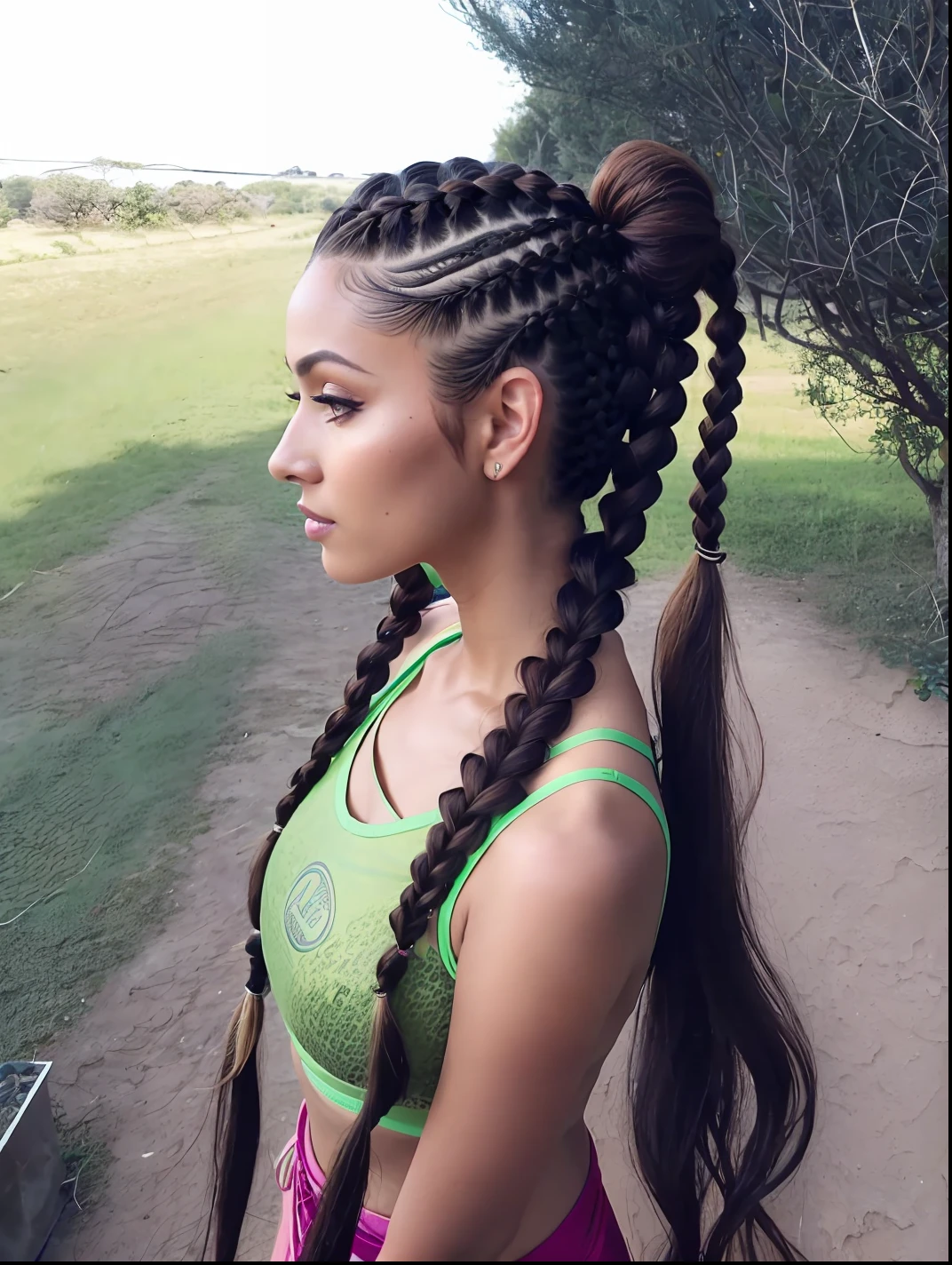 mulher arafed com uma (((mochila))) e uma mochila em uma estrada de terra, wearing sports top crop bra, exposed abdomen, Bare abdomen, long dark braid hair, rabo de porco longo, long braided hair on top of head, long black braided hair, long braided black hair, black hair in braids, braided hair. Nightime, penteado selvagem, plaits, long braided hair, penteado pigtails, braided brown hair, pigtail braids, (((Directed by: Lee Jeffreis))), RAW.