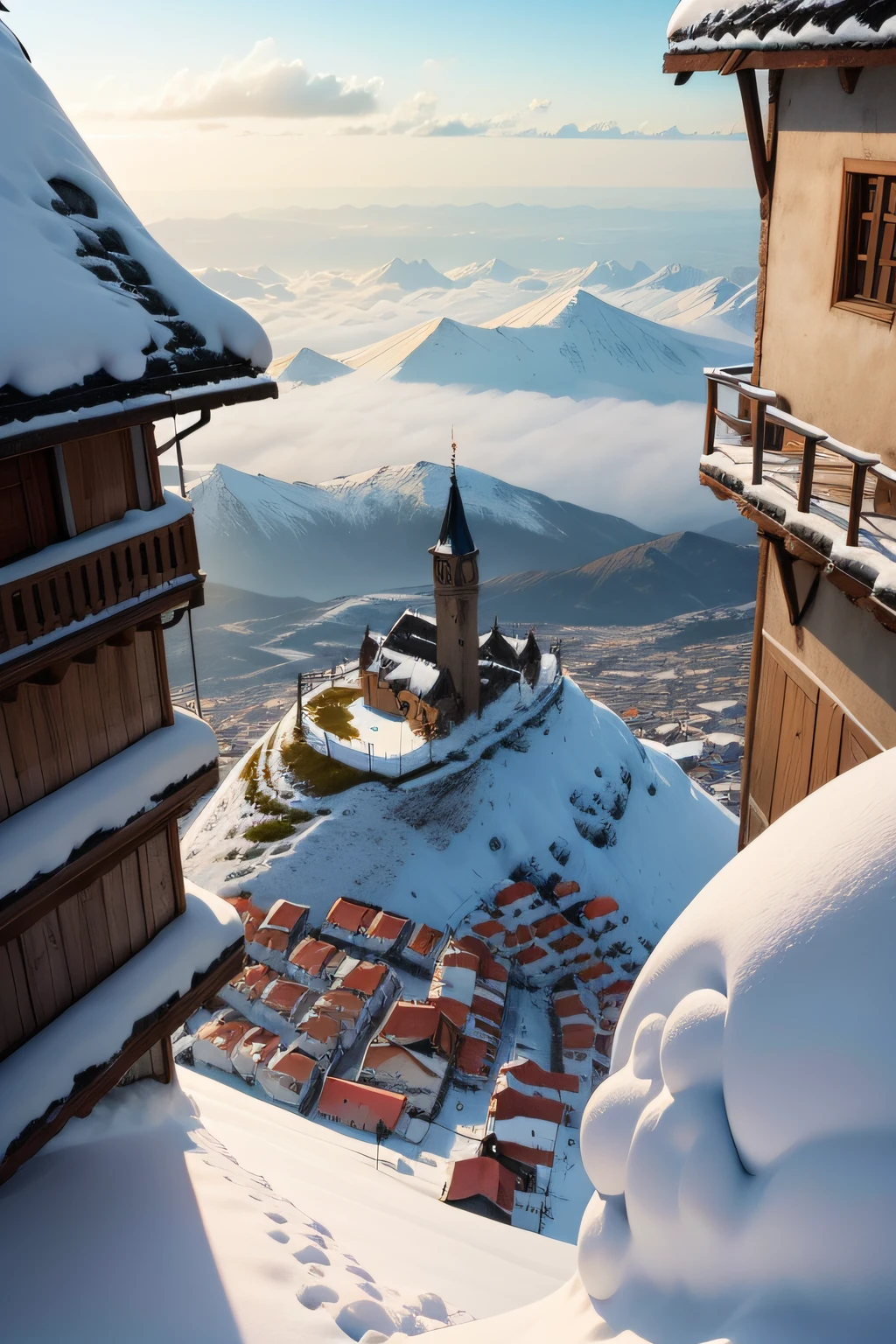 Uma vista de cima de uma vila medieval coberta por neve