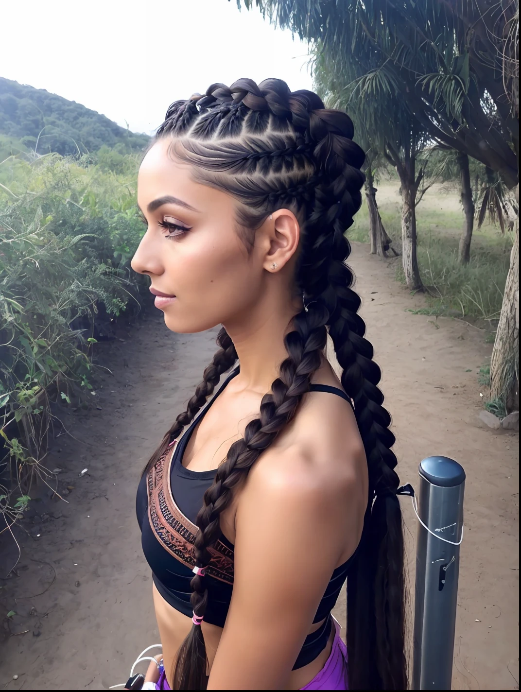 mulher arafed com uma (((mochila))) e uma mochila em uma estrada de terra, wearing sports top crop bra, exposed abdomen, Bare abdomen, long dark braid hair, rabo de porco longo, long braided hair on top of head, long black braided hair, long braided black hair, black hair in braids, braided hair. Nightime, penteado selvagem, plaits, long braided hair, penteado pigtails, braided brown hair, pigtail braids, (((Directed by: Lee Jeffreis))), RAW.
