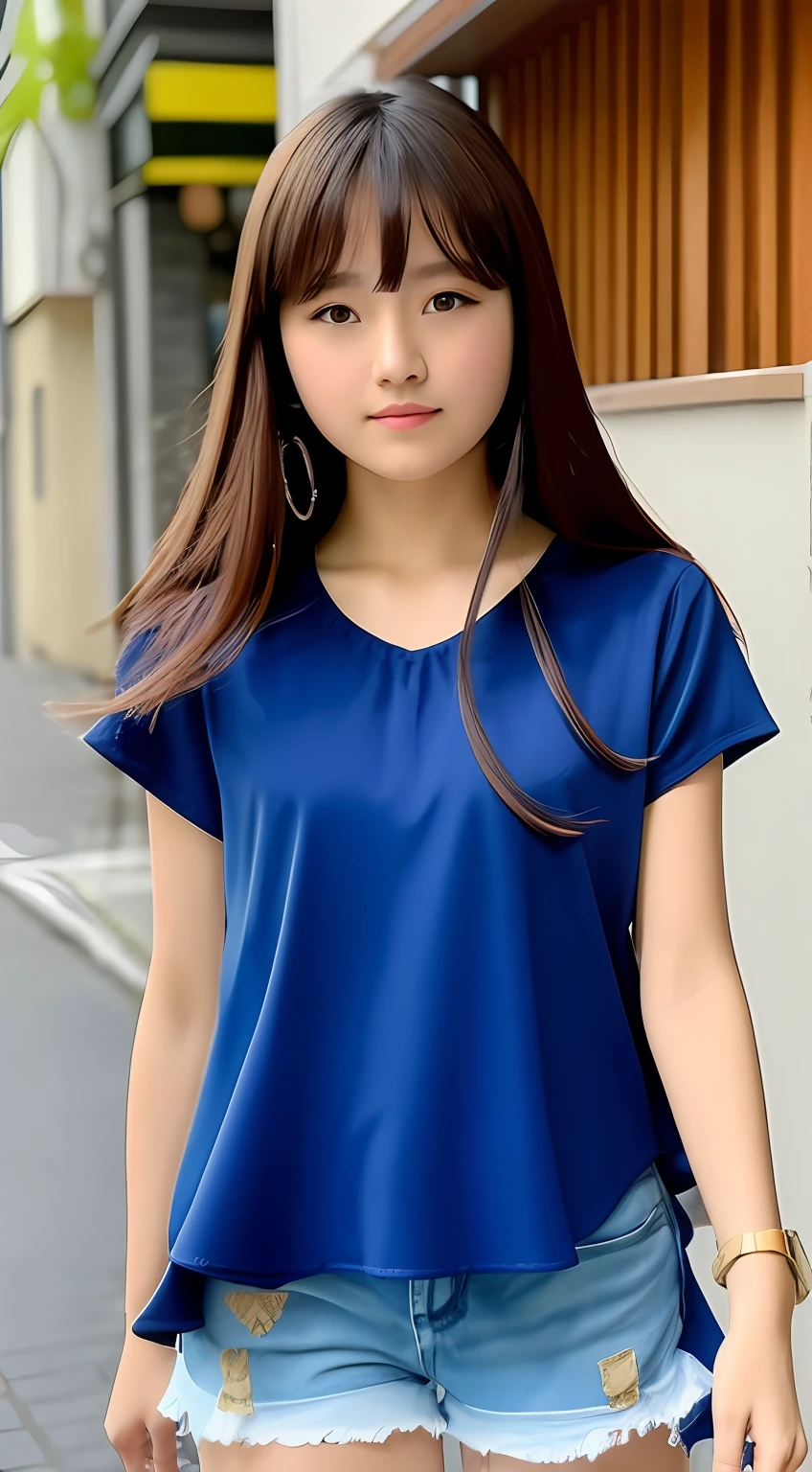 ((Best Quality, 8K, Masterpiece: 1.3)), (Japanese Cap: 1.3), Focus: 1.2, Perfect Body Beauty: 1.4, Buttocks: 1.2, (Layered Haircut: 1.2)), (Dark Street: 1.3), Highly Detailed Face and Skin Texture, Fine Eyes, Double Eyelids, Whitened Skin, Long Hair, (Round Face: 1.5), (Short Sleeves, Shorts: 1.6)