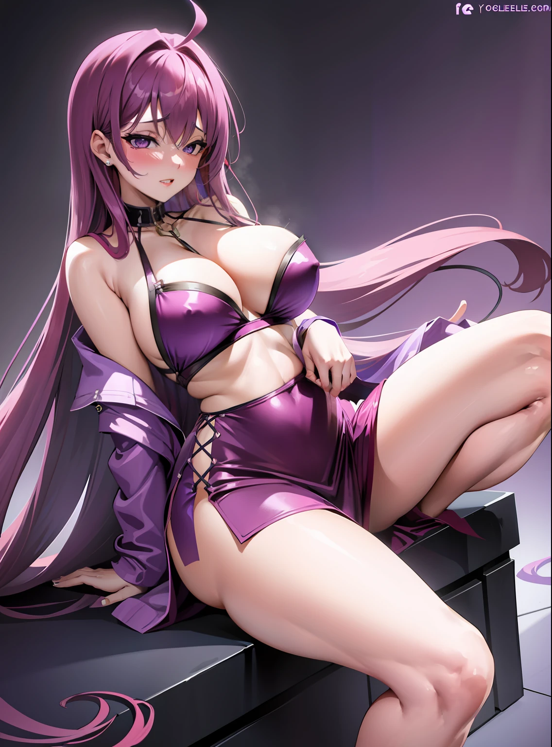 purple long hair, purle short dress, hot cleavage, thick thighs, masturbating, touching pussy