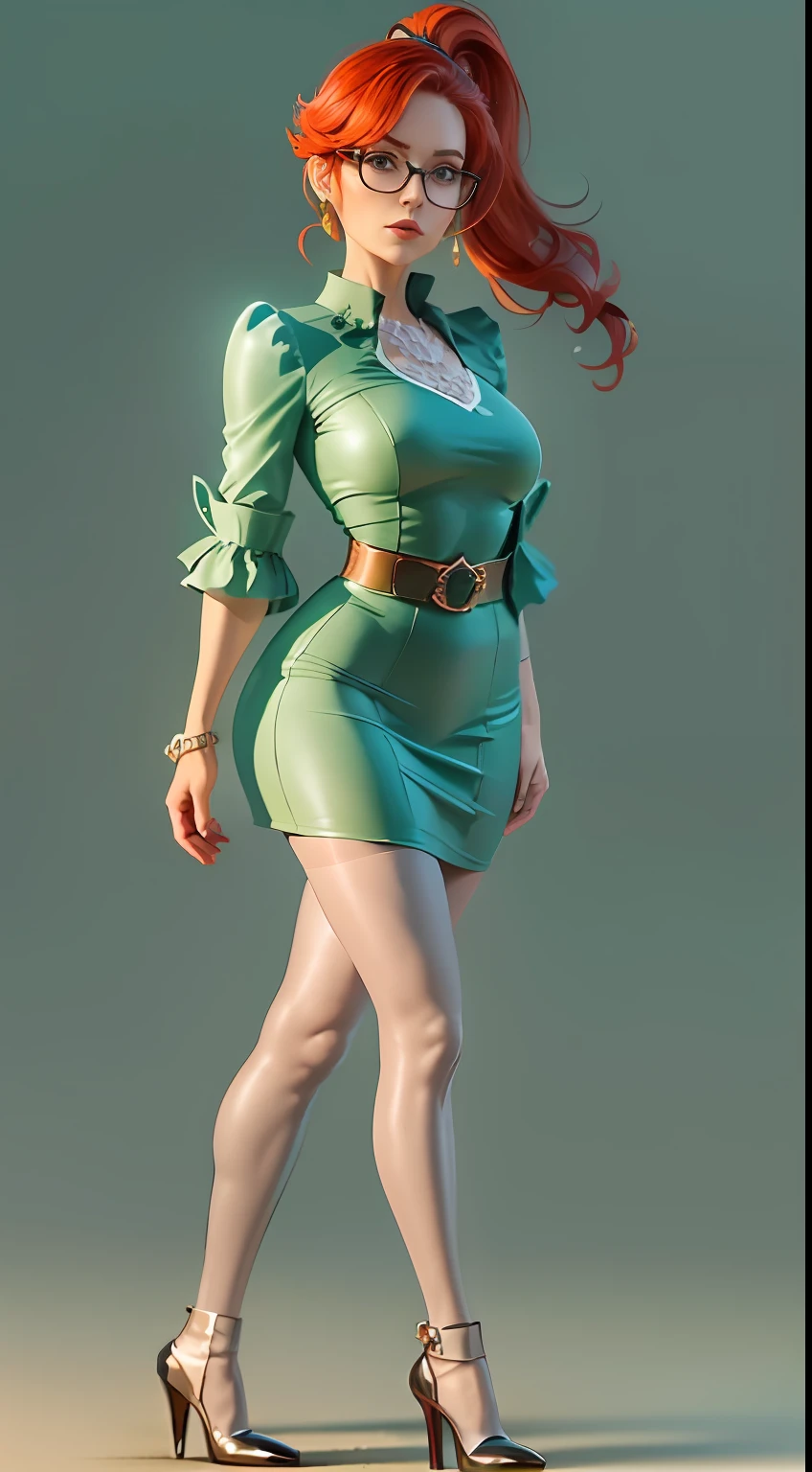 (Character: one irish woman, (30 years old), red hair, ponytail hair) 
(Clothing: cyan vintage dress, glasses, pantyhose, high heel boots)
(Pose: full body shot:1.7, dynamic pose, perfect proportions, detailed face)
(simple background)