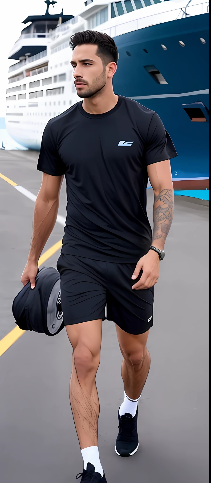 Homem de camisa folgada preta e bermuda andando na frente de um grande navio, vestindo bermuda e camiseta, pele bronzeada uma camiseta folgada e shorts, Jovem com short, wearing black shorts, roupas esportivas, Black shorts, corpo perfeito e proporcional, roupas esportivas, he is wearing a black t-shirt, imagem de corpo inteiro, vestindo uma camiseta preta folgada, (((Directed by: Lee Jeffreis))), Raw.