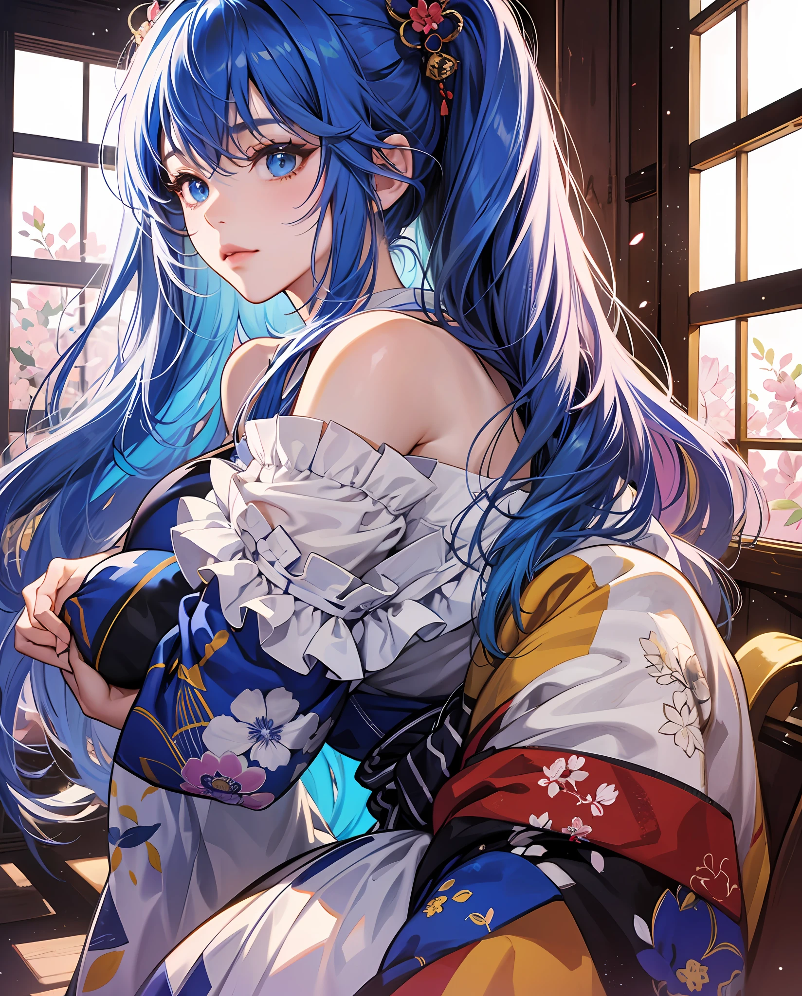 8K、top-quality、Masterpiece、An ultra-high picture quality、ultra-detailliert、Super beautiful、Ultra-realistic hair quality、animesque、Ultra-realistic flesh feeling、full bodyesbian、Bewitching look、shave ice、Off-shoulder blue yukata、Beautuful Women、Long blue hair、poneyTail、Blue eyes、shinny skin、Very gigantic-breasts、red lace brassiere、extremely big ass、shinny skin 、The background is a Japanese-style room in the daytime --auto --s2