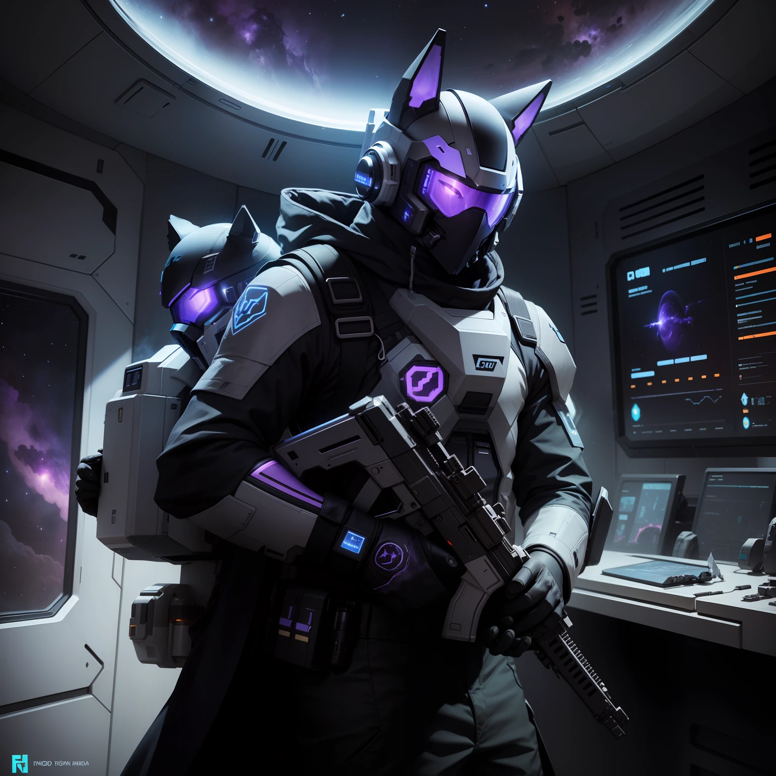 Protogen holding a futuristic rifle, the butt of it on his hand with the rest resting on hhis shoulder. In a space station with a window behind him, and him observing a nebula. He has black fur and the color of his visor is purple and black.
