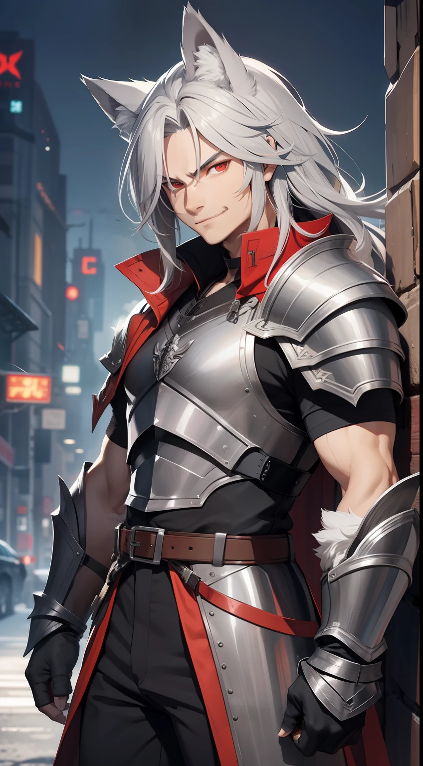 Young guy, long gray hair, red-eyes, brawn, wolf ears, leather armour, smirk, Masterpiece, hiquality