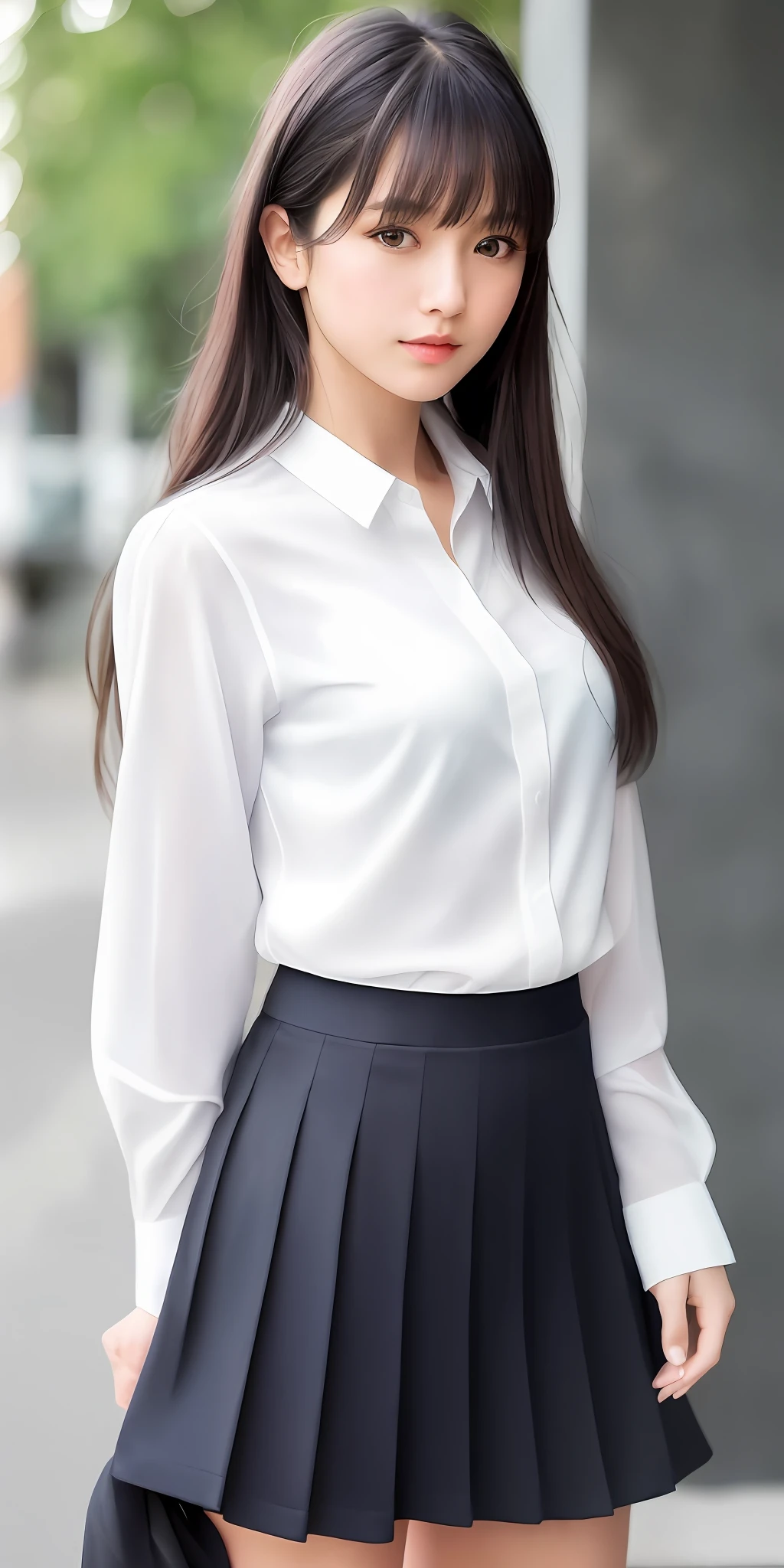 (8K, RAW photo, Best quality, Masterpiece:1.2), (Realistic, photo-realistic:1.37), Best quality, 超高分辨率, photon maping, Radio City, Physically-based rendering,bblurry, Blurry_foreground, Depth_af_Field, Blurry_Background, Photo_\(mediating\), Exercise_bblurry,1girll, (full bodyesbian),Long legs,Thin legs,Long hair, bangs,(see through bangs), Hair_decorations, Lips, hair pin, Solo, Blue_Eyes, nosesoft,China,White shirt,Grey checked pleated skirt,Opaque clothes,Overlooking,Black loafers,thigh highs,Black cotton socks,