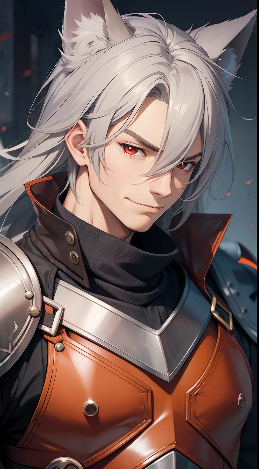 Young guy, long gray hair, red-eyes, brawn, wolf ears, leather armour, smirk, Masterpiece, hiquality