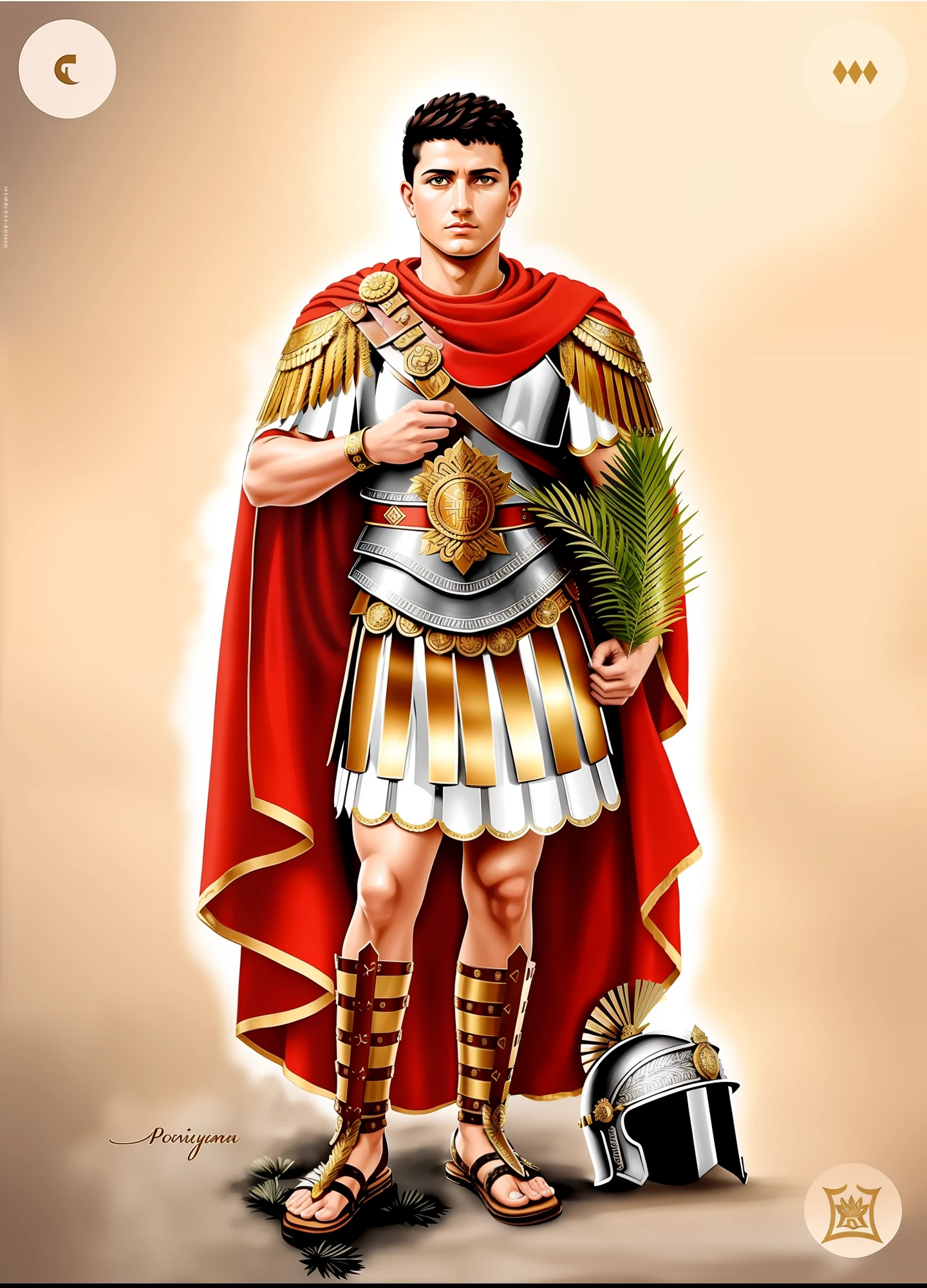 Um desenho animado de um homem vestido com roupas romanas segurando uma palma, inspirado em Pogus Caesar, vestido com armadura romana, por Pogus Caesar, vestidos com roupas romanas, inspired by Caesar Andrade Faini, inspirado em Roman Bezpalkiv, inspirado em Caesar van Everdingen, roman centurion, inspired by Nicomachus of Thebes, Imperador Romano