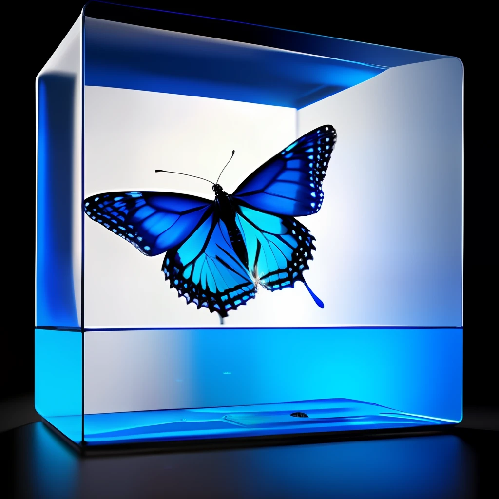 blue monarch butterfly inside a cube on a black background realistic 8k imag