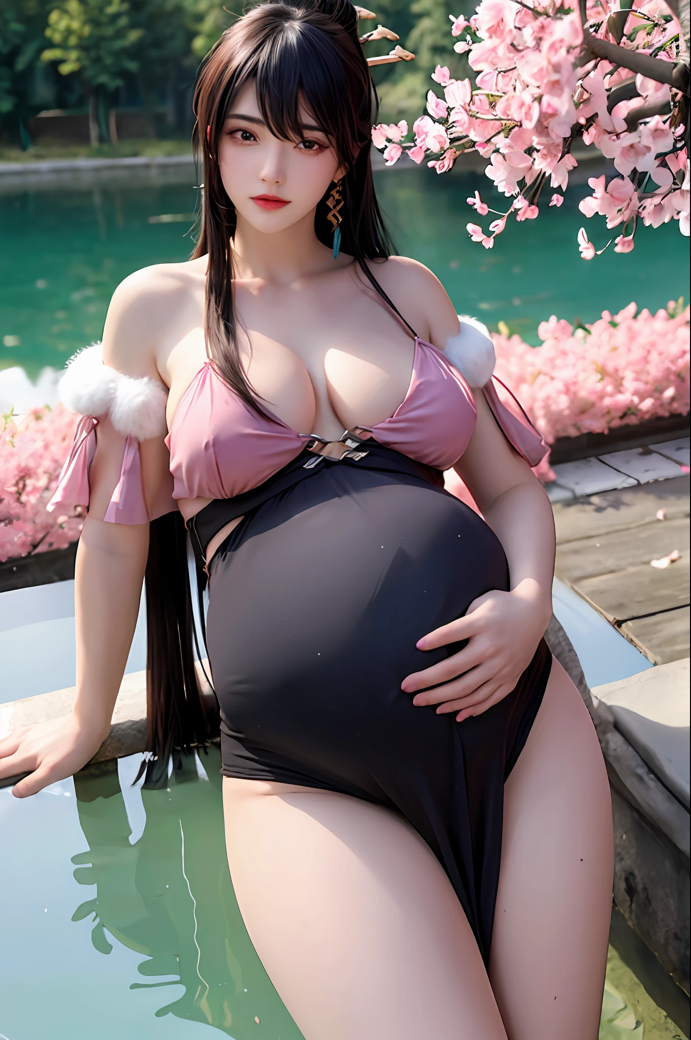 delicated best quality ,masterpiece, illustration, an extremely delicate and beautiful, extremely detailed ,CG ,unity ,8k wallpaper, Amazing, finely detail, masterpiece,best quality,official art,extremely detailed CG unity 8k wallpaper, absurdres, incredibly absurdres, huge filesize , ultra-detailed, highres, extremely detailed,beautiful detailed girl, extremely detailed eyes and face, beautiful detailed eyes,light on face,1girl, (beidou/genshin impact), (Super realistic), ((( black hair))), (long hair), (bangs that cover one eye), (purple eyes), (Detailed description of the eye), ((hair jewelry)), (((describe the arm in detail))), (((Super boobs))), (saggy breasts),  ((Big ass)), ((thighs)), ((Plump body)), (Big breasts), ((Plump boobs)),, (detailed description of hair), jewelry, (gem earrings), ((upper body)), (Bare shoulder), ((collarbone)), ((off shoulder)), (Shiny skin), (Detailed description of eyes), (detailed description of face), (detailed description of body), (white and translucent skin), peerless beauty, (extreme beauty), (red lips), (shy ), ( smile), (facing the viewer), ((facing)), (((cherry blossom))), (falling petal), (((cherry blossom))), (falling petal), (( high split cheongsam)), ((Lying on the shore of a lake full of cherry blossom), (She sits gracefully by the tranquil cherry blossom lake, her feet playing in the water, bathed in the soft glow of the moonlight), the water surface is reflective, (any pose), ((There is a lot of water on the body)), (((pregnant belly))), pregnant