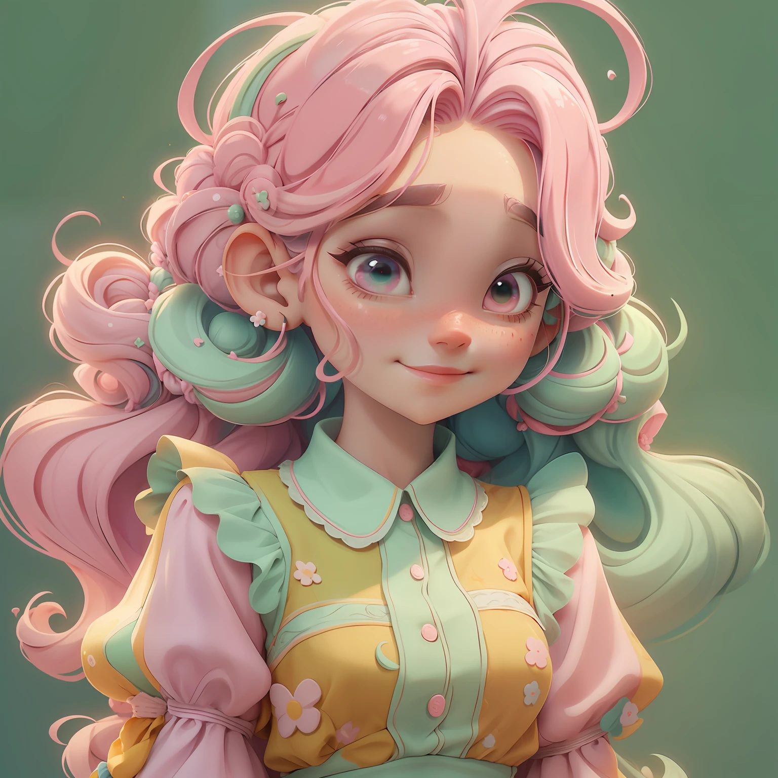 menina Lodo, (Lodo), Slime hair Penteado duplo buns estilo de cabelo, Rosa Morango, Vestido branco da princesa com cinto da arma, master part, best quality