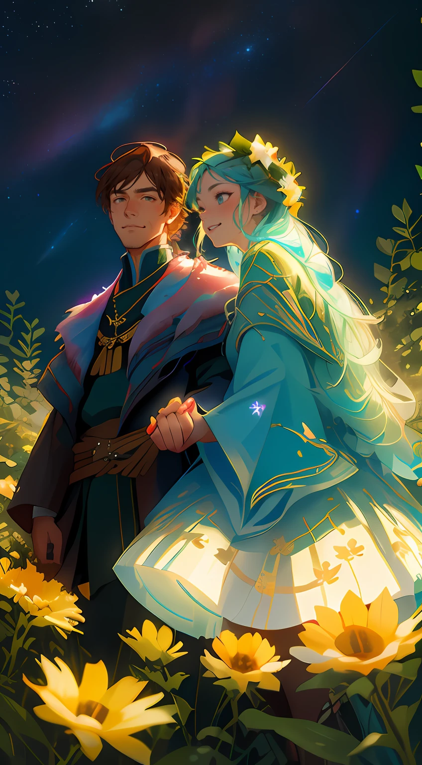 tmasterpiece,  hiquality,  Guy and girl holding hands, Ukrainian symbols, Ukrainian national costumes, Boho style,In transparent,   neon garland, night time, neon lights, romance, happiness, Love,Lovers, holiday, Plants, a starry sky, galaxy, Magic reigns around them, Magic, Flowers, fern, Beautiful sunset, merriment, Floral arrangements,  wreaths of flowers on the head, woods, Flower glade, willow, willow, willow, 8K, Colorful, full color drawing,