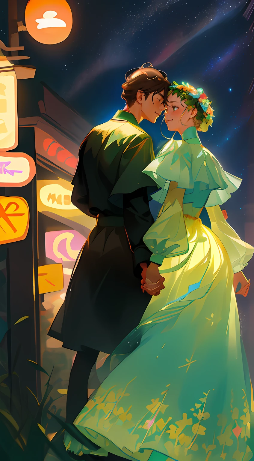 tmasterpiece, hiquality, Guy and girl holding hands, Ukrainian symbols, Ukrainian national costumes, Boho style,In transparent, neon garland, night time, neon lights, romance, happiness, Love,Lovers, holiday, Plants, a starry sky, galaxy, Magic reigns around them, Magic, Flowers, fern, Beautiful sunset, merriment, Floral arrangements, wreaths of flowers on the head, woods, Flower glade, willow, willow, willow, 8K, Colorful, full color drawing,