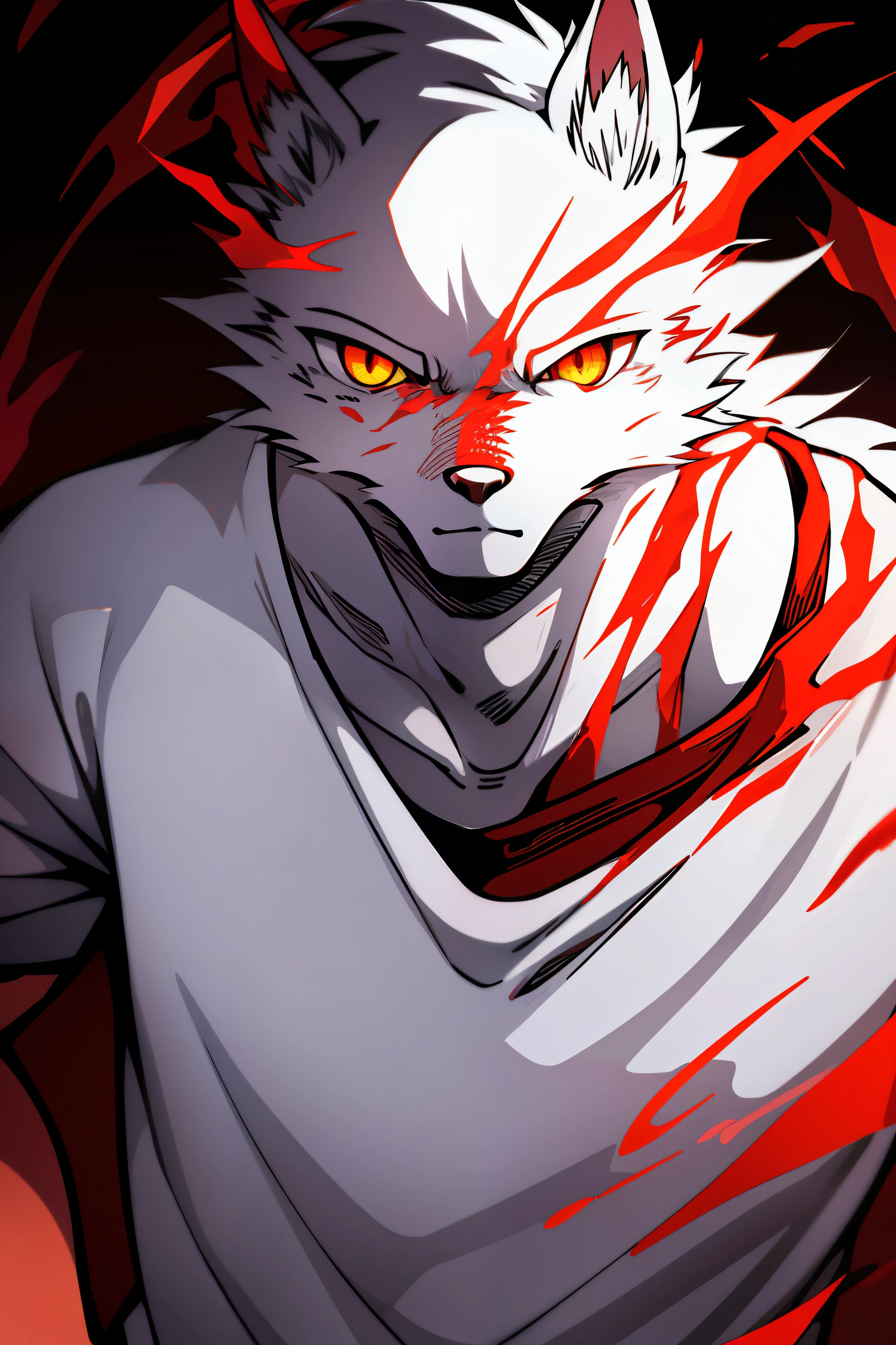 terroral，blood vess，Blood on the body，The corners of his mouth were stained with blood，solo person，White body，White ears，White hair，Overall white，Orange-yellow eyes，Wolf tail，Wolf orcs，young，Wear a short-sleeved shirt，Ultra-clear screen，Soft lines