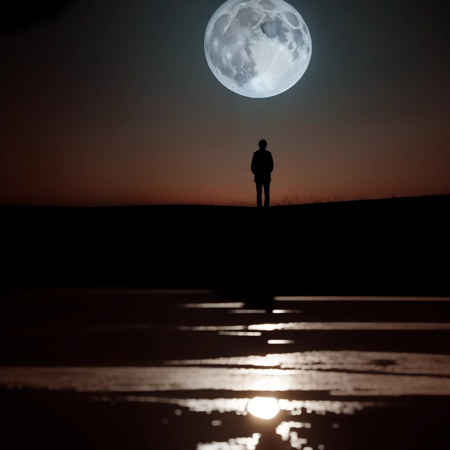 a person standing in the dark with a full moon in the background, in roger deakins style, by roger deakins, roger deakins cinematography, cinematography roger deakins, inspired by roger deakins, stunning cinematography, beautiful cinematography, terrence malick screenshots, medium shot. by hayao miyazaki, great cinematography, amazing cinematography, denis villeneuve cinematography