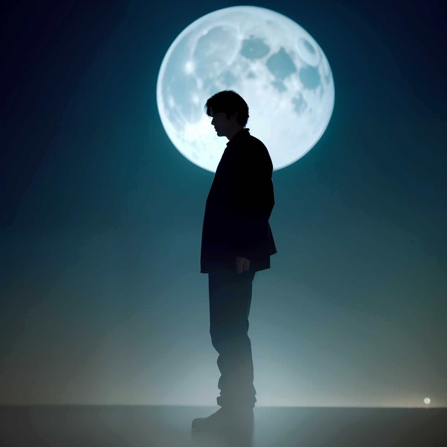 a person standing in the dark with a full moon in the background, in roger deakins style, by roger deakins, roger deakins cinematography, cinematography roger deakins, inspired by roger deakins, stunning cinematography, beautiful cinematography, terrence malick screenshots, medium shot. by hayao miyazaki, great cinematography, amazing cinematography, denis villeneuve cinematography