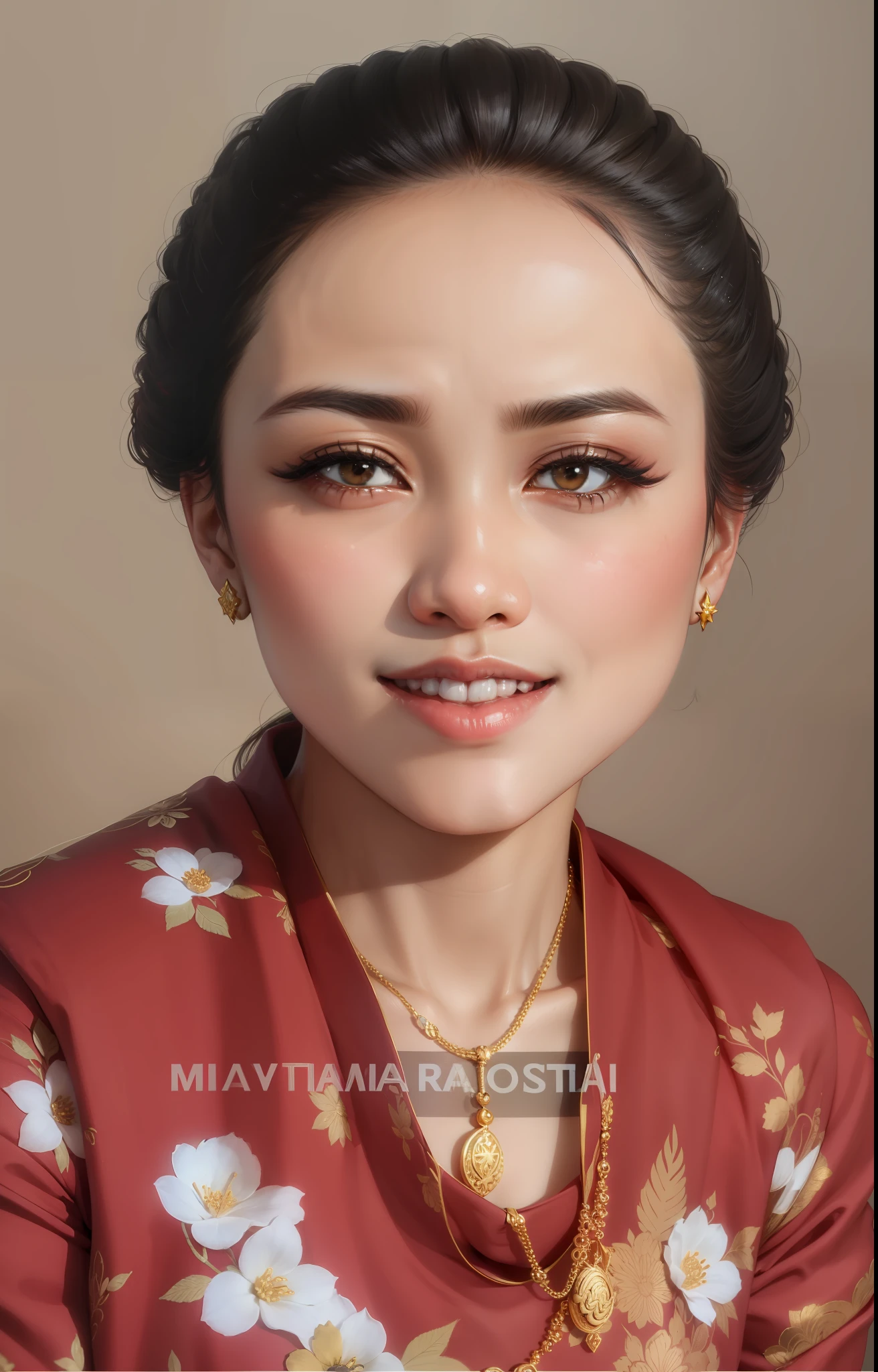 Mata hitam, wajah Indonesia, Gusti Raden ayu, memakai kalung emas, anting emas, baju warna merah motif bunga melati putih