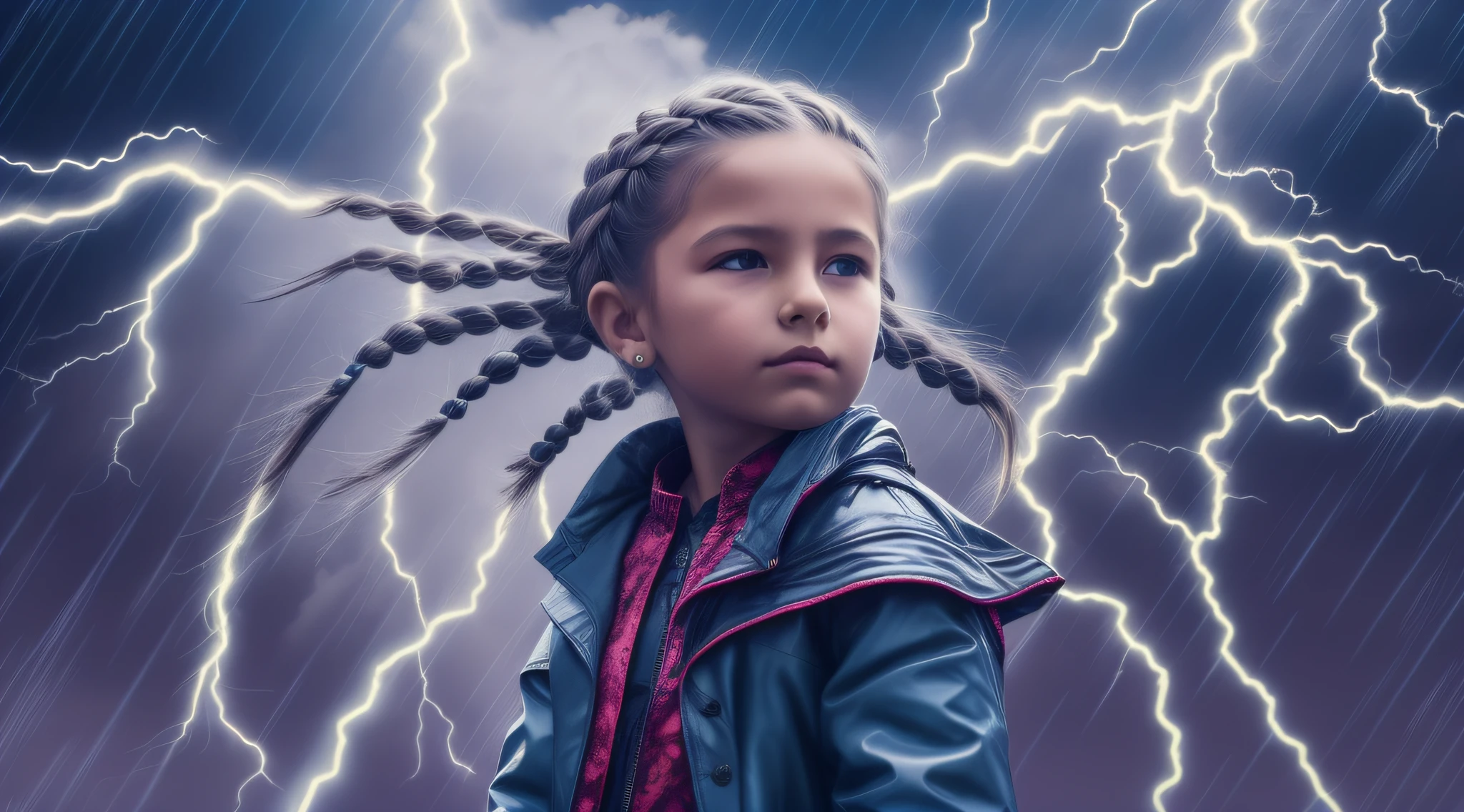 Girl , Russian ruivas in braids, com roupa de jaqueta de couro blue, fundo storm, ride into the storm, thunderbolt.