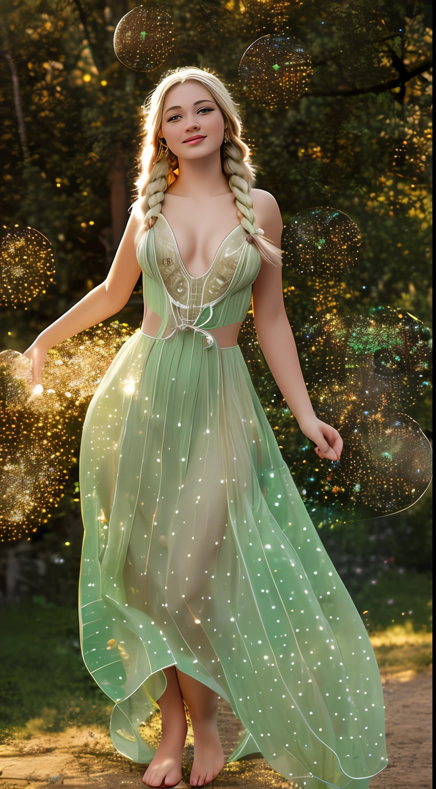 best quality, masterpiece, upper body, (adult:1.6) nude ukrainian woman, (smirk:0.4), braided blonde hair, emerald eyes, medieval sundress, floating light particles, centered,