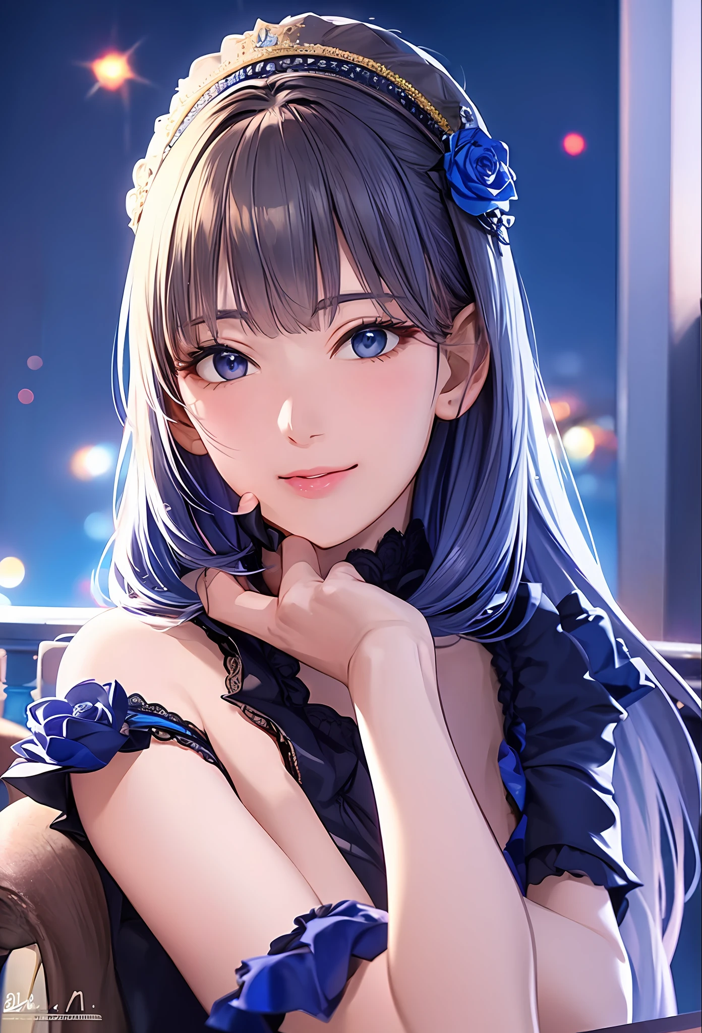 (8k, top quality, masterpiece: 1.2), (realistic, photorealistic: 1.37), super detailed, girl alone, cute, solo, midnight, beautiful detailed sky, detailed café, sitting, dating, (blush), (smile: 1.15), small breasts (mouth closed), beautiful fine eyes, floating hair NovaFrogStyle, back open dress, blue rose accessories, Blue rose background