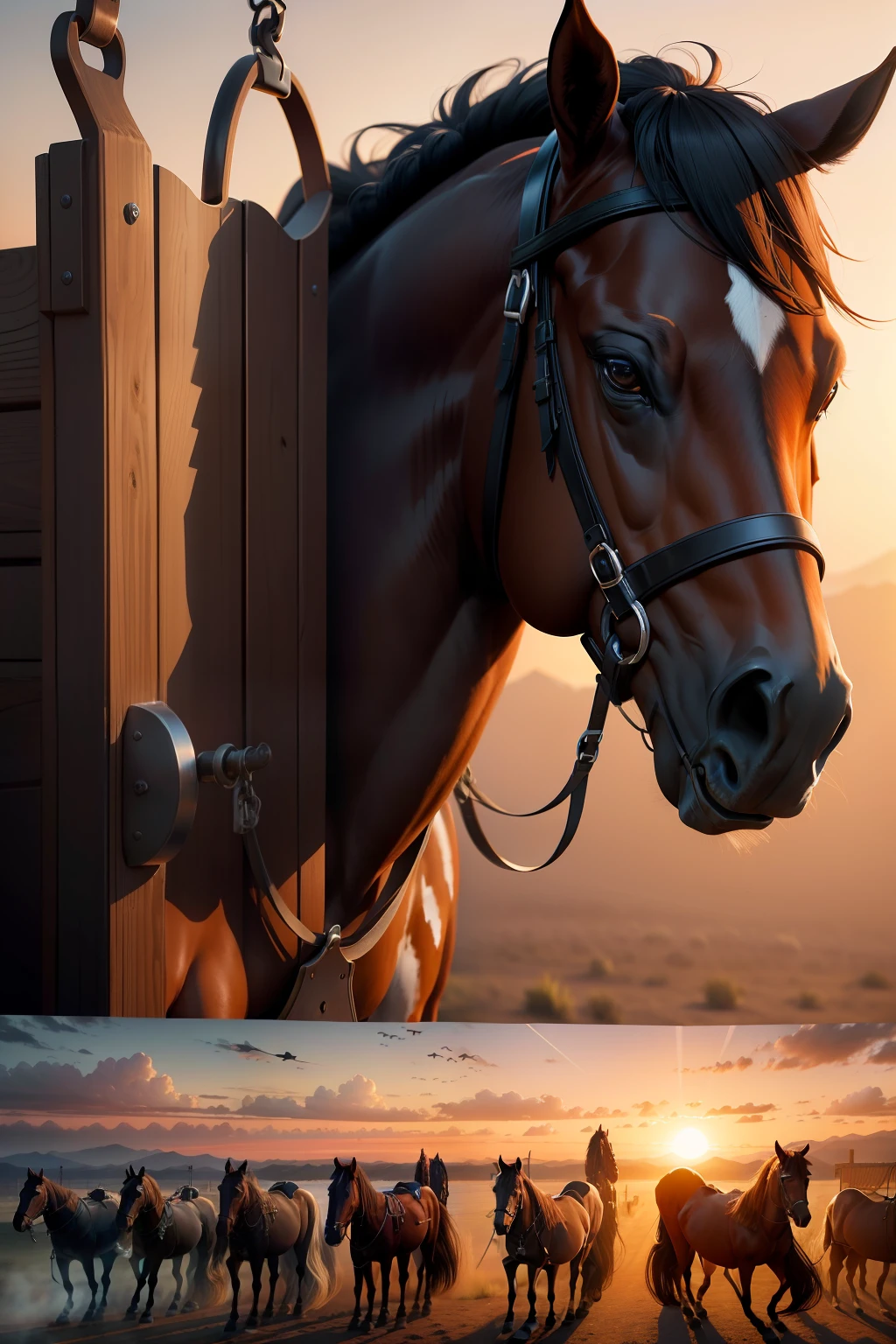sunrise, some horses with different coats, details of pen with hanging saddles, ultra realistic 8k image