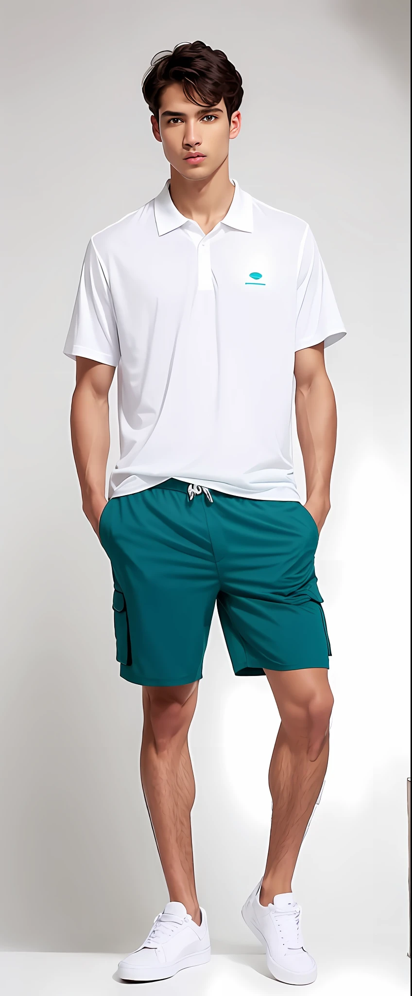 A man in a white shirt and green shorts standing, cargo shorts, vestindo bermuda e camiseta, pele bronzeada uma camiseta e shorts, mar - roupas verdes e brancas, short pants, Dark oil-blue, teal, with teal clothes, Jovem com short, em uma camisa polo escura, athletic shorts, white and teal garment, vestindo camiseta e combates, (((Directed by: Lee Jeffreis))), Raw