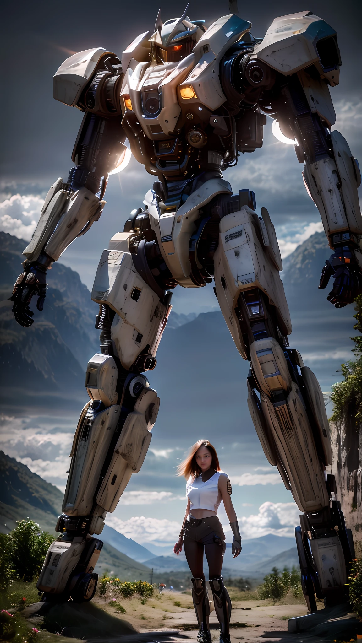 ((Best Quality)), ((Masterpiece)), (Very Detailed:1.3), 3D, Shitu-mecha, Beautiful cyberpunk woman with her pink mech in the ruins of a city in the forgotten war, Ancient technology, HDR (High Dynamic Range), ray tracing, NVIDIA RTX, super resolution, unreal 5, subsurface scattering, PBR texture, post-processing, anisotropic filtering, depth of field, maximum sharpness and sharpness, multi-layer texture, albedo and highlight maps, surface shading, Accurate simulation of light-material interactions, perfect proportions, octane rendering, duotone lighting, low ISO, white balance, rule of thirds, wide aperture, 8K RAW, efficient sub-pixels, subpixel convolution, luminescent particles, light scattering, Tyndall effect