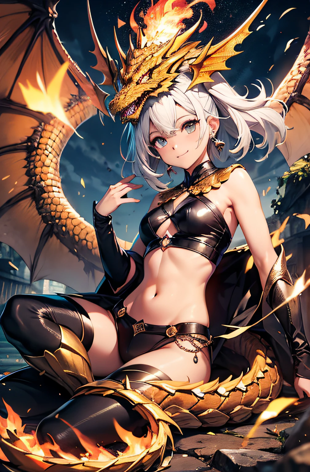 (absurdos, highres, ultra detalhados, HDR), obra-prima, melhor qualidade, a boy sitting on the dragon's back, em olhar arrogante, solo, menino, Golden dragon, Giant dragon, bonito, olho dourado, olho brilhante, manto branco, earring and accessory, peito nu, rosto arrogante, corpo inteiro, magic vortex, spark, redemoinho, aura negra, a dramatic sky, heaven, fundo abstrato, de lado, olhar para cima, sorriso maligno