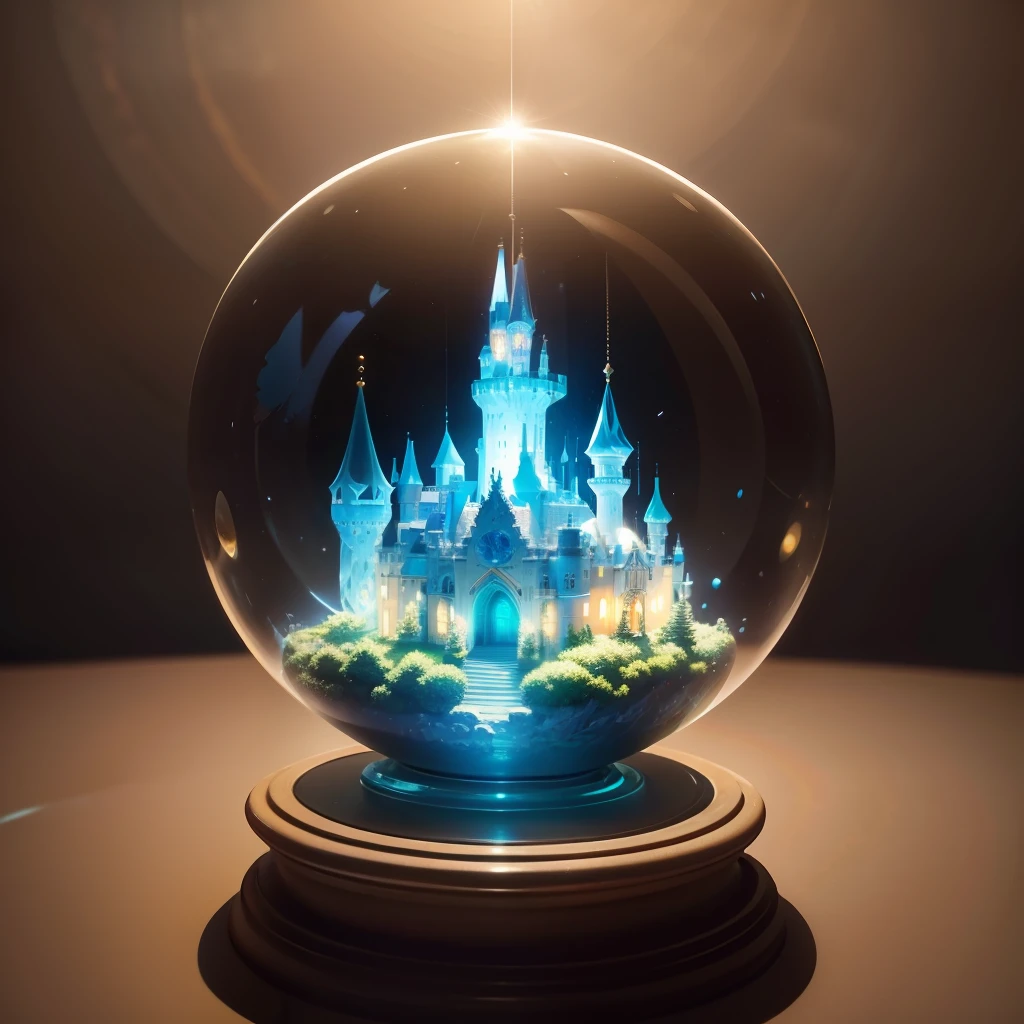 Realistic glass balls,Inside is a statue of a fairy made of gold, Butterfly wings grow on the back of the statue,The statue is dancing;
The glass ball contains a bunch of European castles made of glass,The castle is light blue,
Glass balls float on the surface of the sea;
Clear detail,realistic scene;
beautiful detailed miniature;