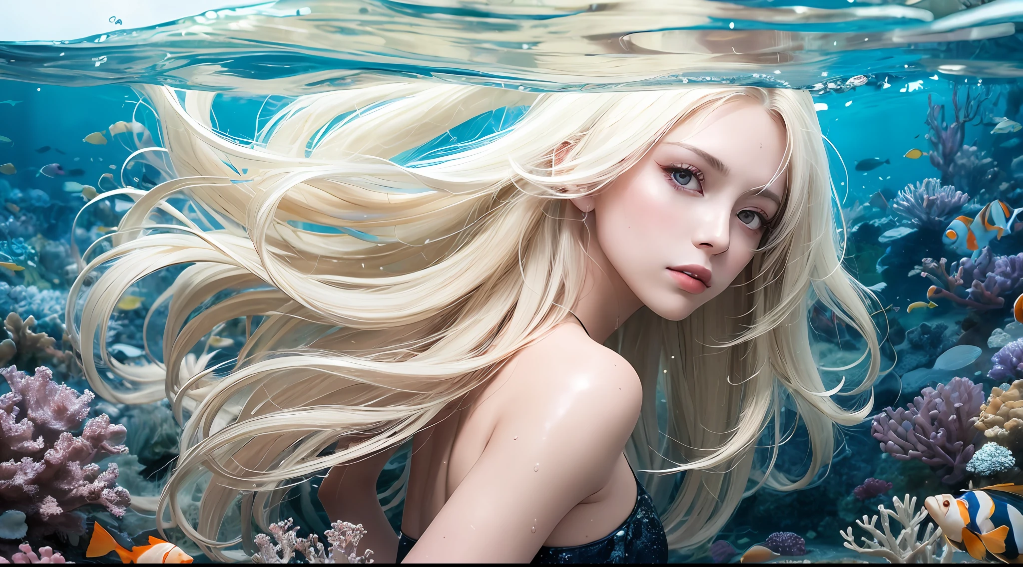 highest quality, masterpiece, every detail, solo, high_res,1 beautiful girl calm down in the sea, not looking at the viewer, white coral, seaweed, clownfish, pretty, milky beige hair, body standard, center, hair decoration, pretty face, light makeup, Tyndall effect, realistic photo, bright studio, realistic artistic lighting, perfect color, clarity, rear angle girl, under the sea, clear, detail, blue sea water, wet glossy body, (high detail skin: 1.2), 8k uhd, dslr, studio lighting, high quality, photo, resolution high resolution, 8k, bokeh effect.