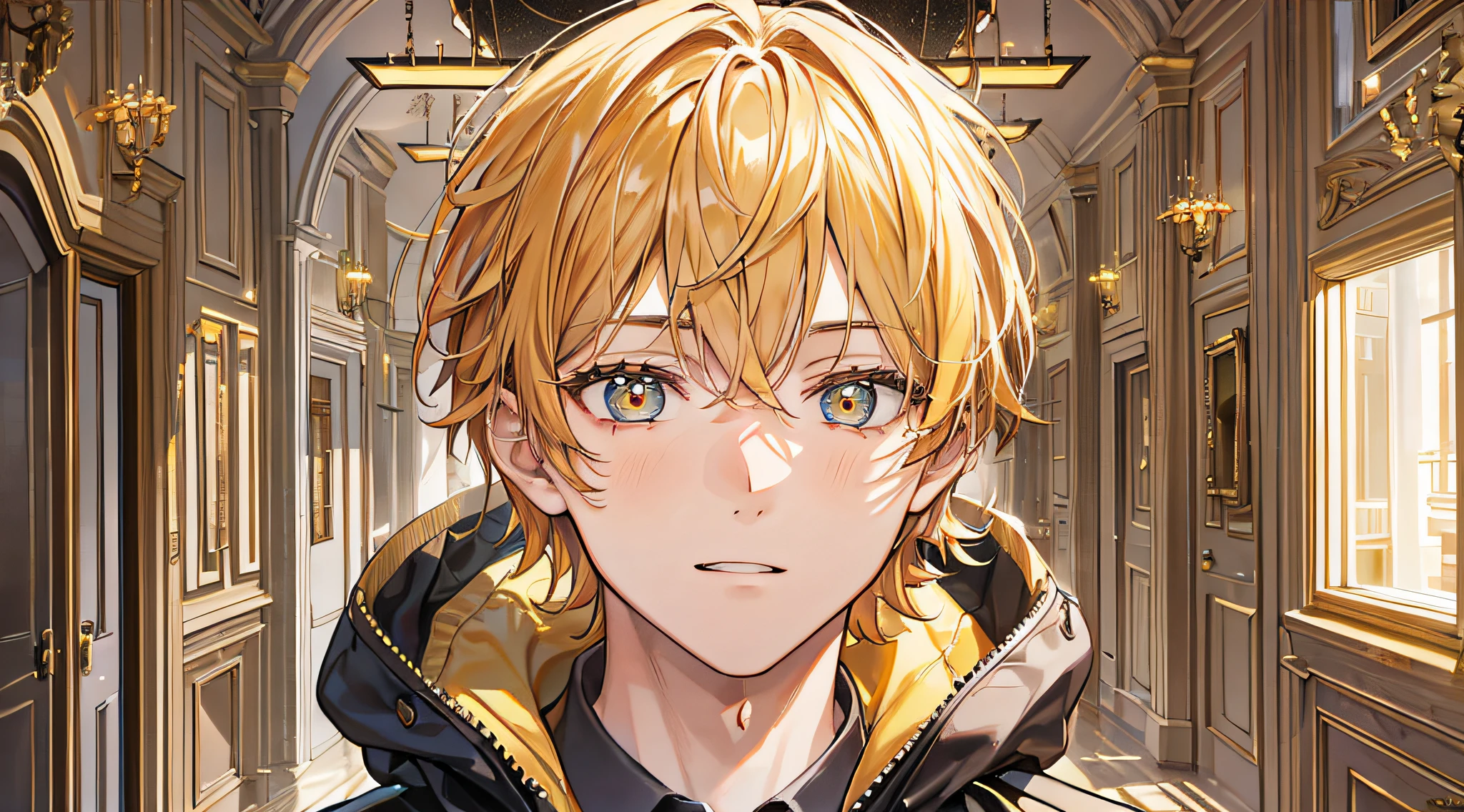 A 20-year-old boy,Golden hair,Golden pupils,Inside the corridor,front portrait,8K