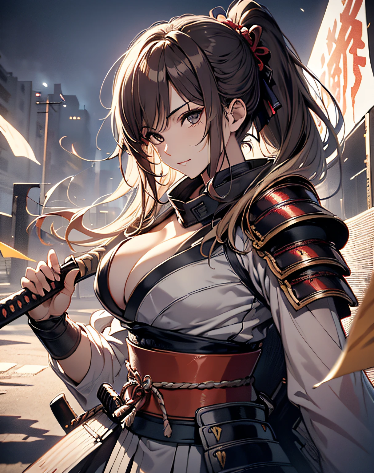 photo realistic, anime style, (8k, RAW photo, best quality, masterpiece:1.2), High detail RAW color photo, professional photograph, cowboy shot, (realistic, photo realistic:1.37),cinematic light, (finery detailed face:1.2), cowboy shot, thigh 1 girl, 18-28 years old, very cute, very beautiful, photo realistic, event companion, BREAK, white skin, real human skin, (detailed face), oval face, pores, ultra high res, BREAK, slim, (medium-large-breast:1.37, cleavage:1.37), (looking straight at viewer with a serene and goddess-like happiness:1.2), (lifter gloss, eyelashes, gloss-face, best quality, ultra highres, Broad lighting, natural shading), (beautiful thin long hair, pony-tail:1.3, brown hair), dynamic pose, fighting stance, BREAK, 1 woman, elegant beauty, radiant skin, (Maeda Keiji costume:1.3), (warring-states-era:1.4), solo, (eccentric-fashion:1.2), (tiger-pattern-accent:1.3) (samurai-armor:1.5), detailed traditional clothing, (style-sengoku:1.3), detailed face expression, (style-dynamic:0.8), standing pose, holding katana, determined expression, (background: battlefield), (style-battle-ready:0.9), historical atmosphere, armor details, detailed background, (style-wafuku:0.9), powerful aura,