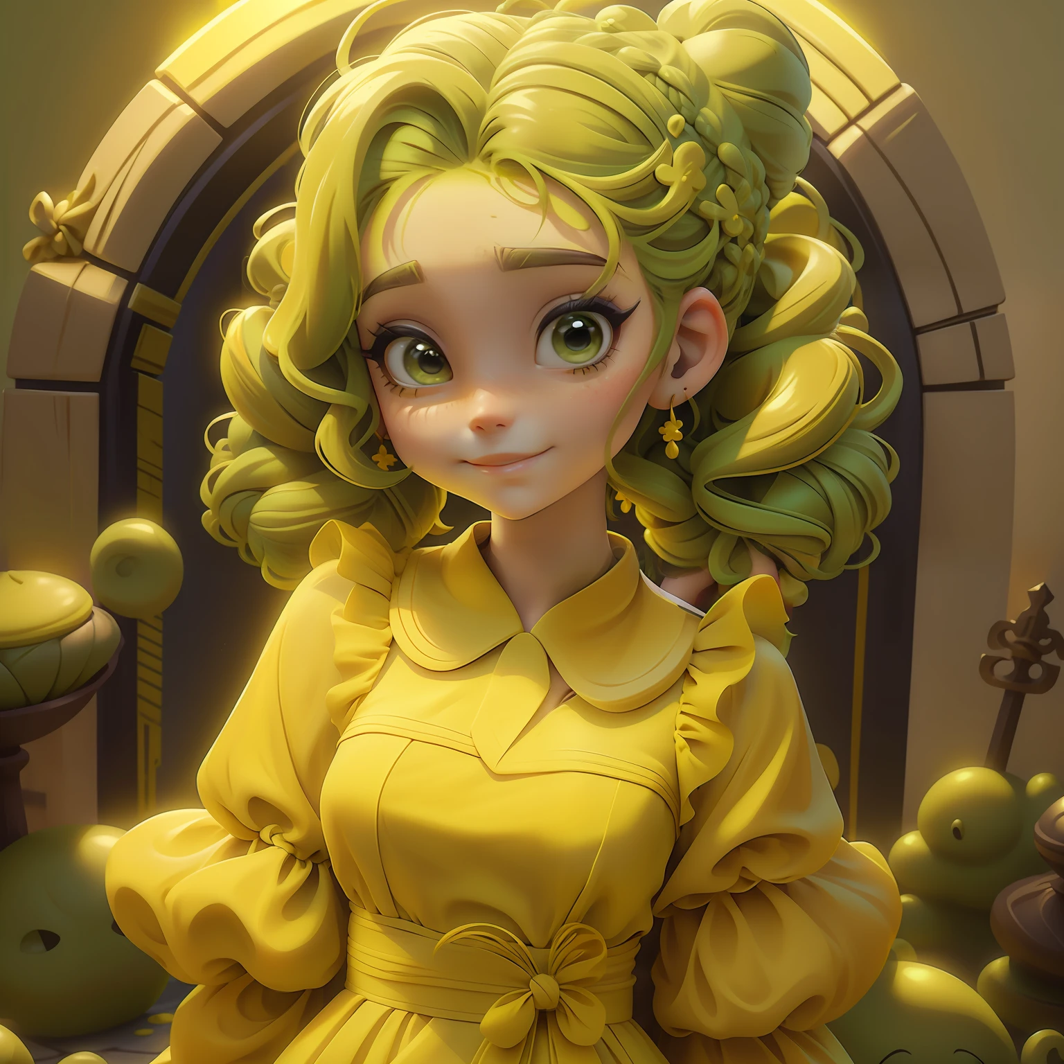 menina Lodo, (Lodo), Slime hair Penteado duplo buns estilo de cabelo, Amarelo e verde Abacaxi, Vestido branco da princesa com cinto da arma, master part, best quality
