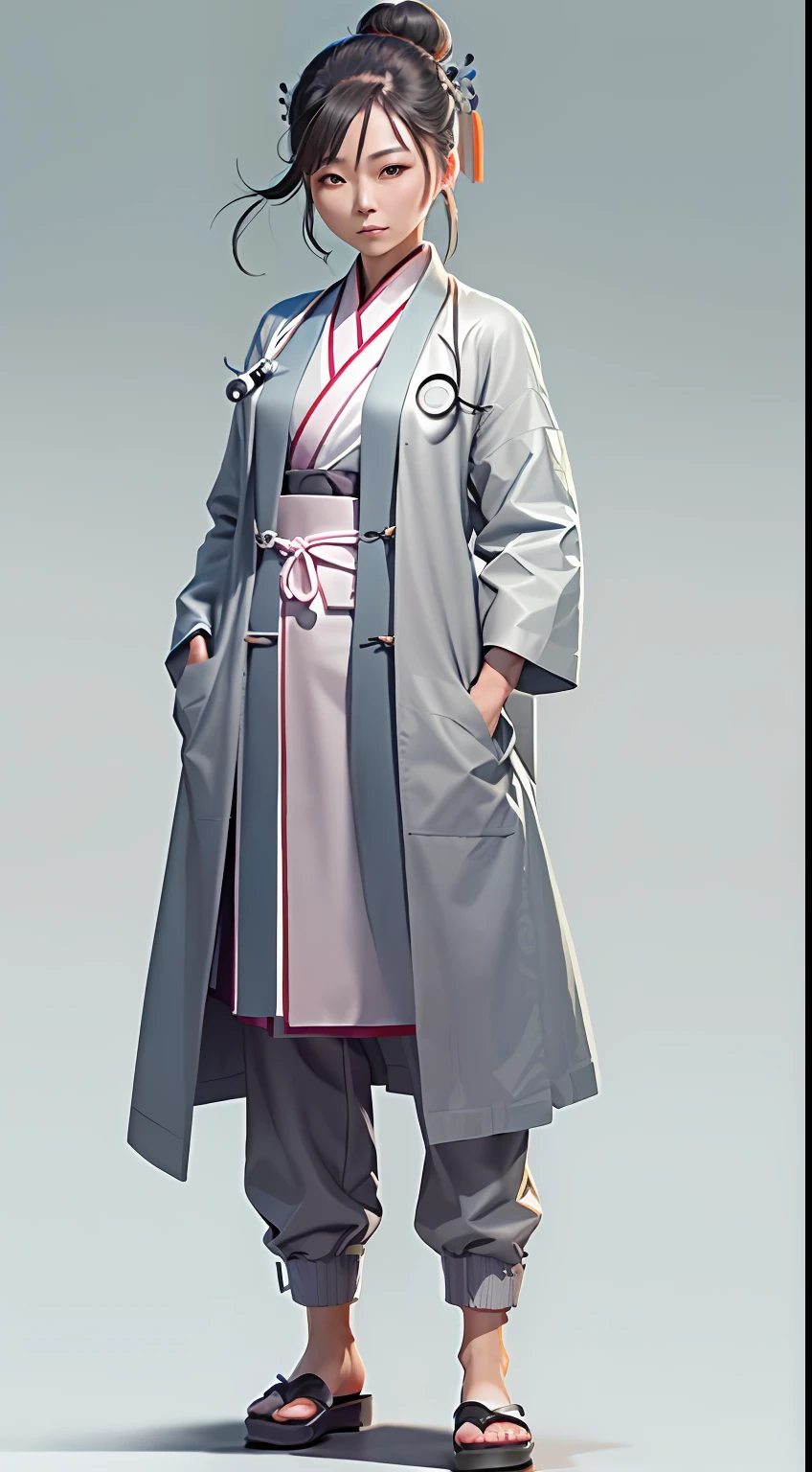 (Character: one chinese woman, 40 years old,, high bun in the hair,small smile)
(Clothing: medical coat, gray hakama, flat shoes)
(Pose: full body shot:1.7, dynamic pose, perfect proportions, detailed face)
(simple background)