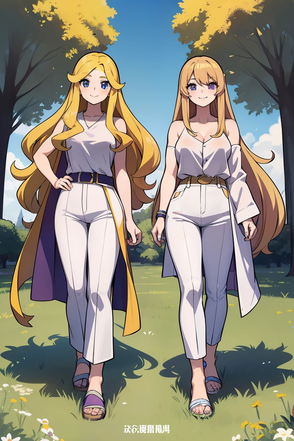 bust art of a anime twins, 2girl, long golden blonde hair, broad shoulders, strong athletic build, (purple eyes), (blue eyes), (white bath robe), (grey shirt), (dark pants), park scenery, pokemon woman, 24 years old, tall, big muscles, smiling