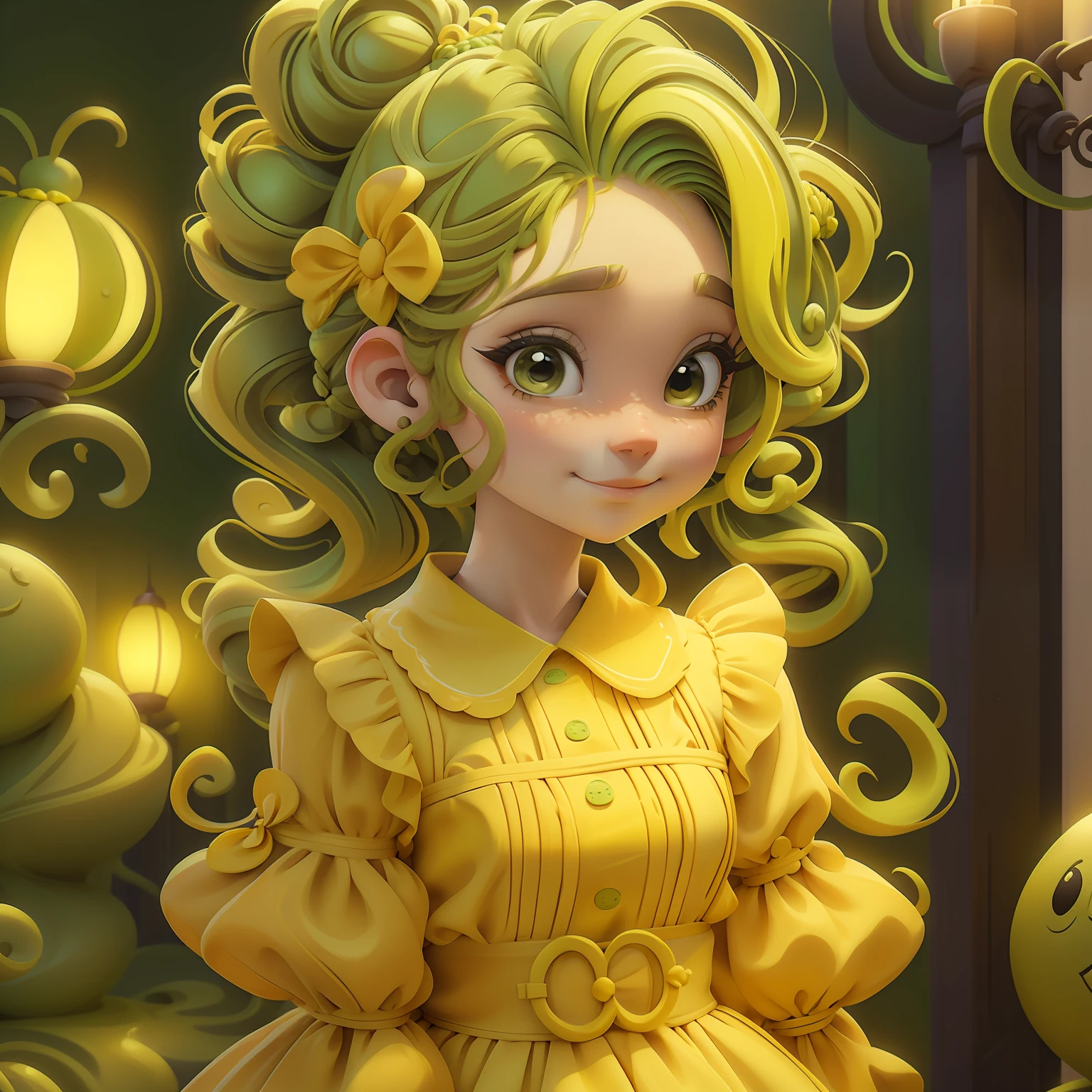 Lodo, (Lodo), Slime hair Penteado duplo buns estilo de cabelo, Amarelo e verde Abacaxi, Vestido branco da princesa com cinto da arma, master part, best quality