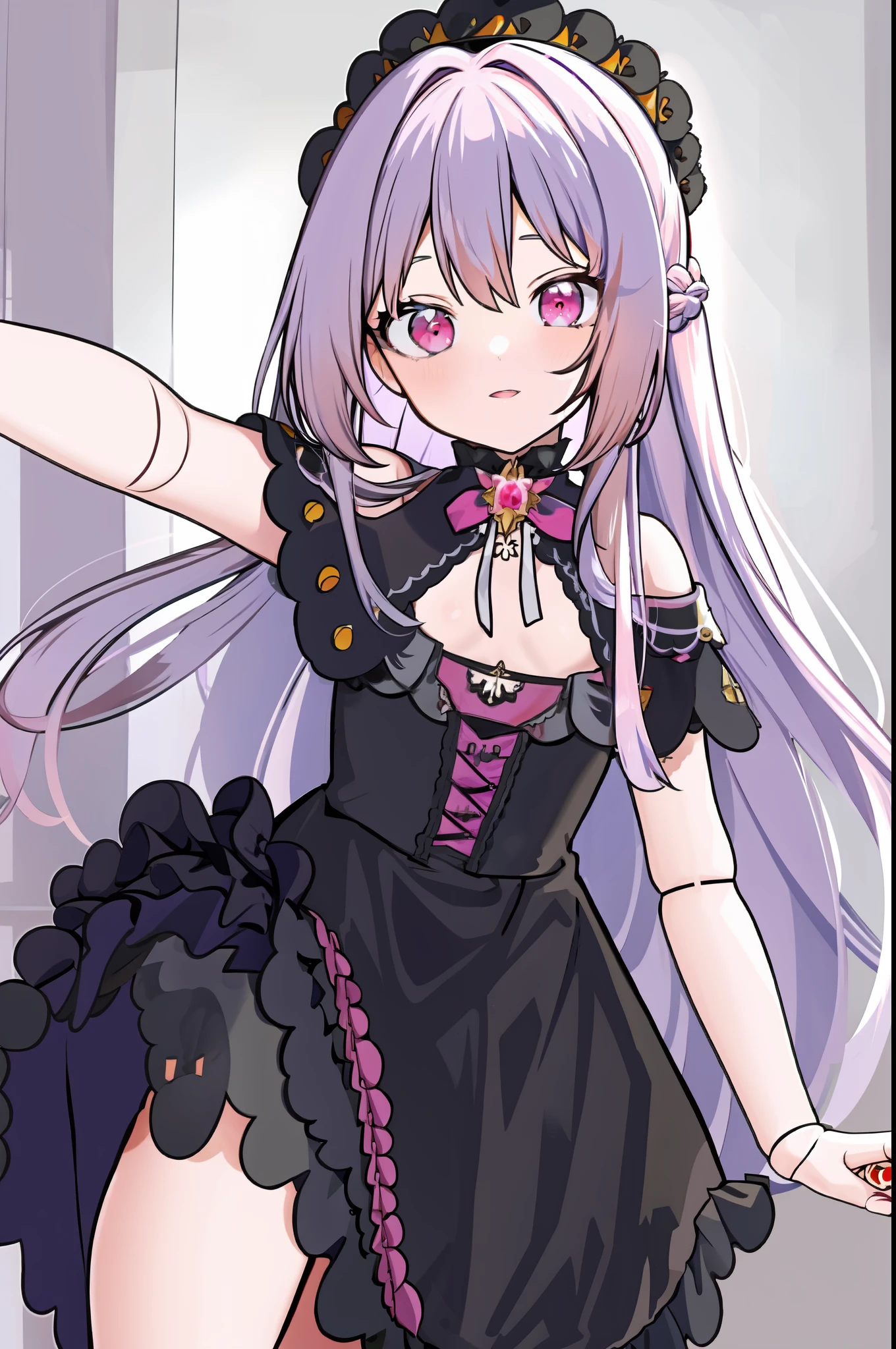 masterpiece, best quality, sharp focus, absurdres, ++ 1girl, solo, fantasy, light purple hair, very long hair, curly hair, french braid, single sidelock, forehead, red eyes, pink eyes, multicolored eyes, small chest, flat chest, loli, victorian dress, black dress, black corset, neckwear, off-shoulder dress, frills, dollgirl, doll joints, ++ pov, from below, looking at viewer, dungeon background, (blood:1.4), cold, neutral