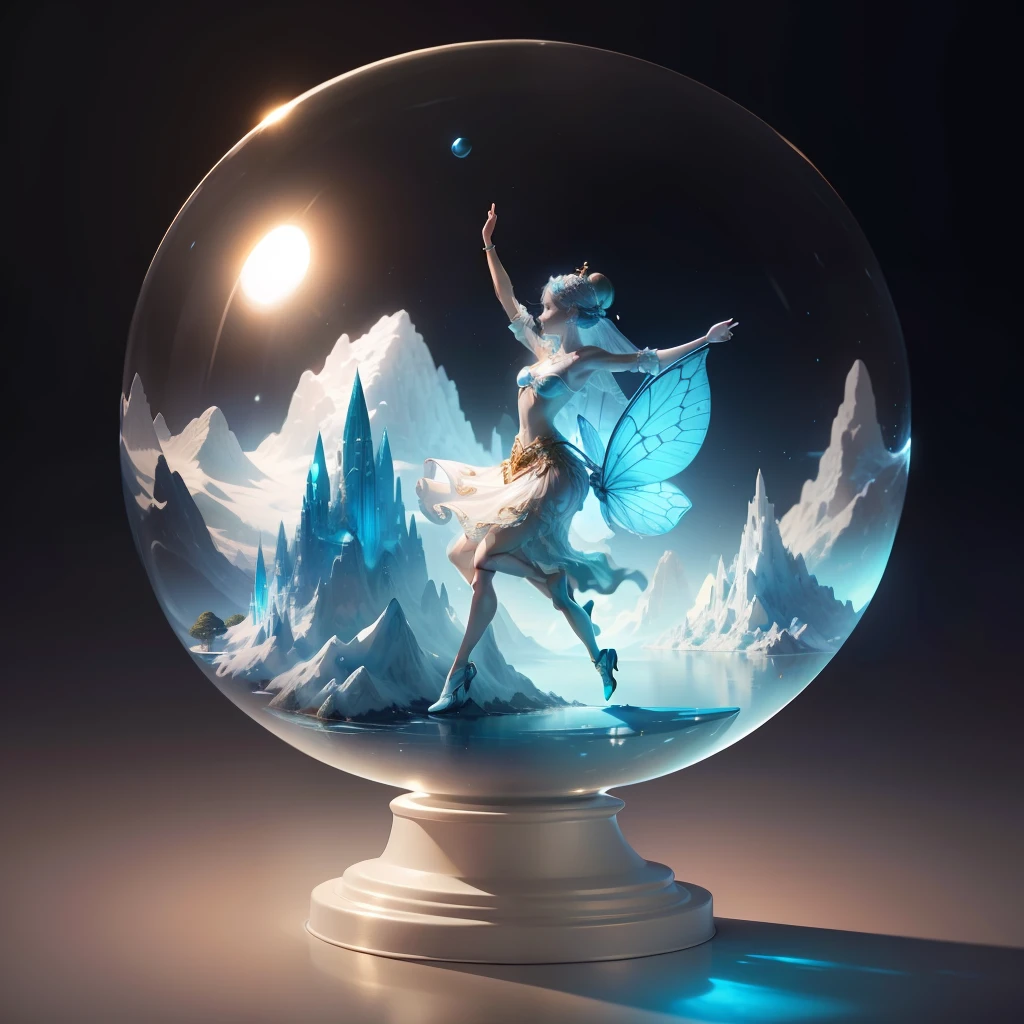 Realistic glass balls,Inside is a statue of a fairy made of white gold, The statue is dancing;
There are a bunch of glass mountains in the glass sphere,The mountains are light blue,
Glass balls floating on the surface of the sea;
Clear detail,realistic scene;
beautiful detailed miniature;