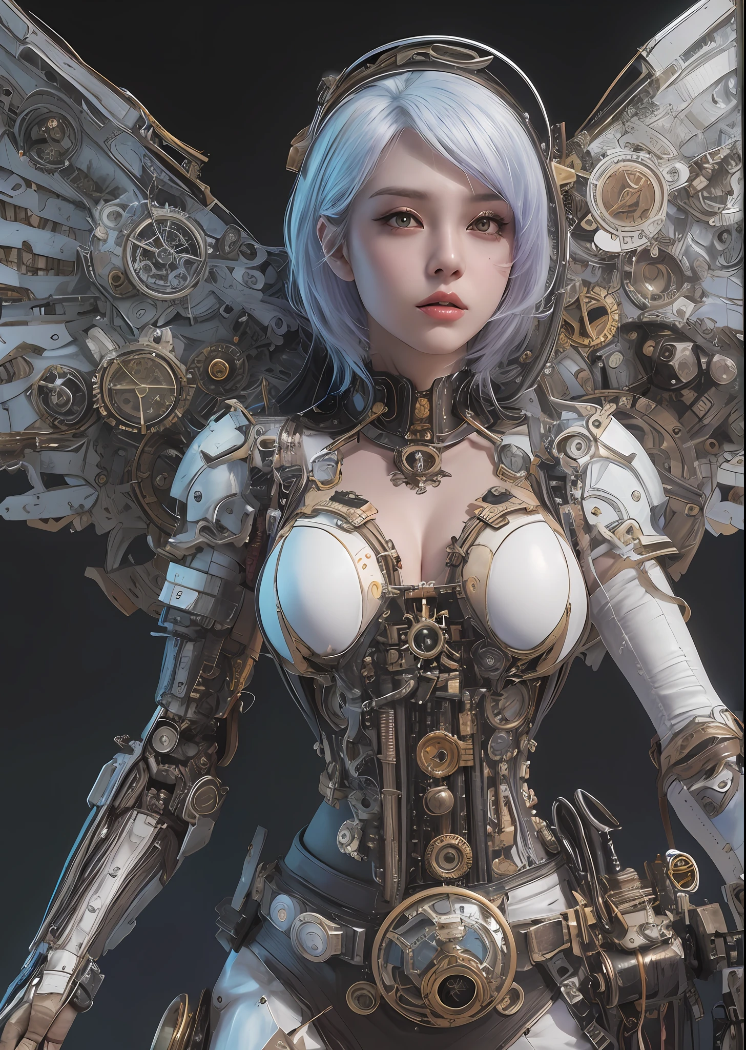 top-quality、​masterpiece、超A high resolution、(Photorealsitic:1.4)、Raw photo、Steampunk Battle Cyborg Angel、large wings made of metal、White porcelain body、Acrylic Clear Cover、white  hair、glowy skin、1 steampunk cyborg girl、((super realistic details))、portlate、globalillumination、Shadow、octan render、8K、ultrasharp、character edge light,Colossal tits、Raw skin is exposed in cleavage、Details of complex ornaments、Details of the steam engine、Hydraulic cylinder、Small LED lamp、highly intricate detail、Realistic light、a purple eye、radiant eyes、Facing the camera、neon details、cowboy  shot、Futuristic headgear、About steampunk、、