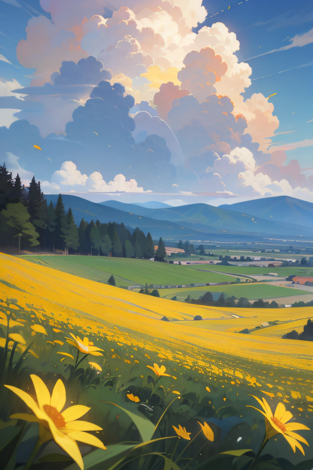 flower, cloud,yellow_flower, sky, day, outdoorshorizon, cloudy_sky, grass, mountain, field, water, blue_sky,flower_field, orange_flower,