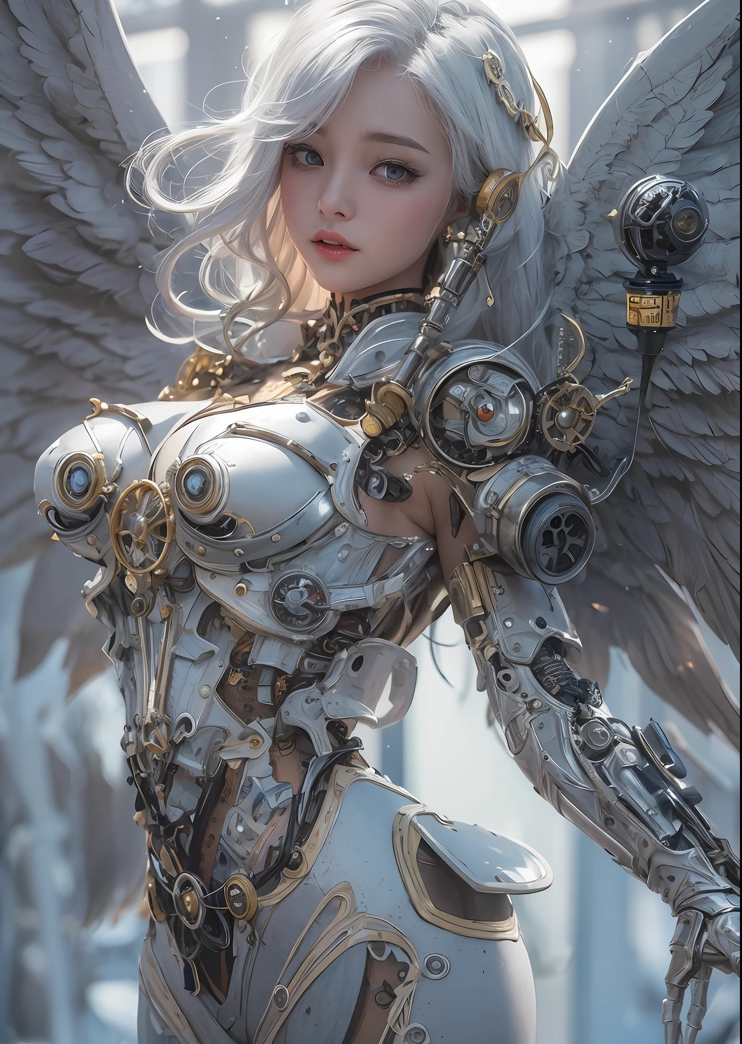 top-quality、masterpiece、超A high resolution、(Photorealsitic:1.4)、Raw photo、Steampunk Battle Cyborg Angel、large wings made of metal、White porcelain body、Acrylic Clear Cover、white hair、glowy skin、1 steampunk cyborg girl、((super realistic details))、portlate、globalillumination、Shadow、octan render、8K、ultrasharp、character edge light,Colossal tits、Raw skin is exposed in cleavage、Details of complex ornaments、Details of the steam engine、Hydraulic cylinder、Small LED lamp、highly intricate detail、Realistic light、a purple eye、radiant eyes、Facing the camera、neon details、cowboy shot、Futuristic headgear、About steampunk、、