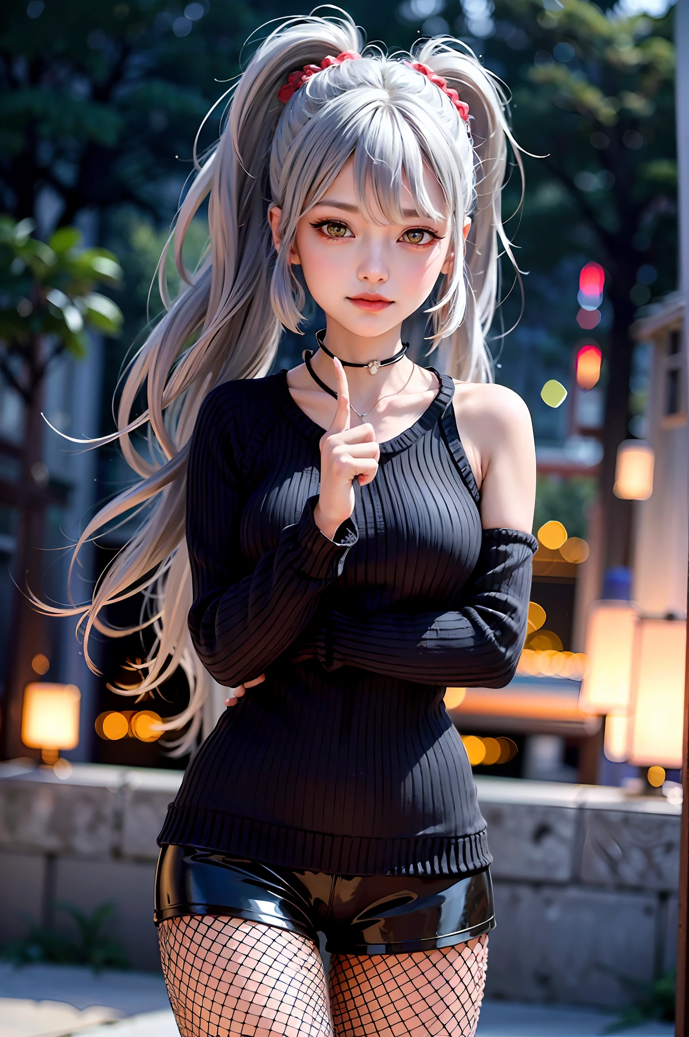 1girl,masterpiece,highest quality,futao (genshin impact),butao,ponytail,brunette,solo,symbol pupil,long hair, finger heart, bangs, black shorts,(highly detailed CG unity 8k wallpaper), (masterpiece), (top quality), (super detailed), (best illustration), (best shadow), (realistic:1.4), 1girl on street, Kpop idol, ((very oversized sweater, button sweater, open sweater), (gray hair:1.1), collarbone, (middle breast: 1.3), viewer, smile, whole body, (latex clothes, Latex tights, soft smile, smooth texture of clothes),