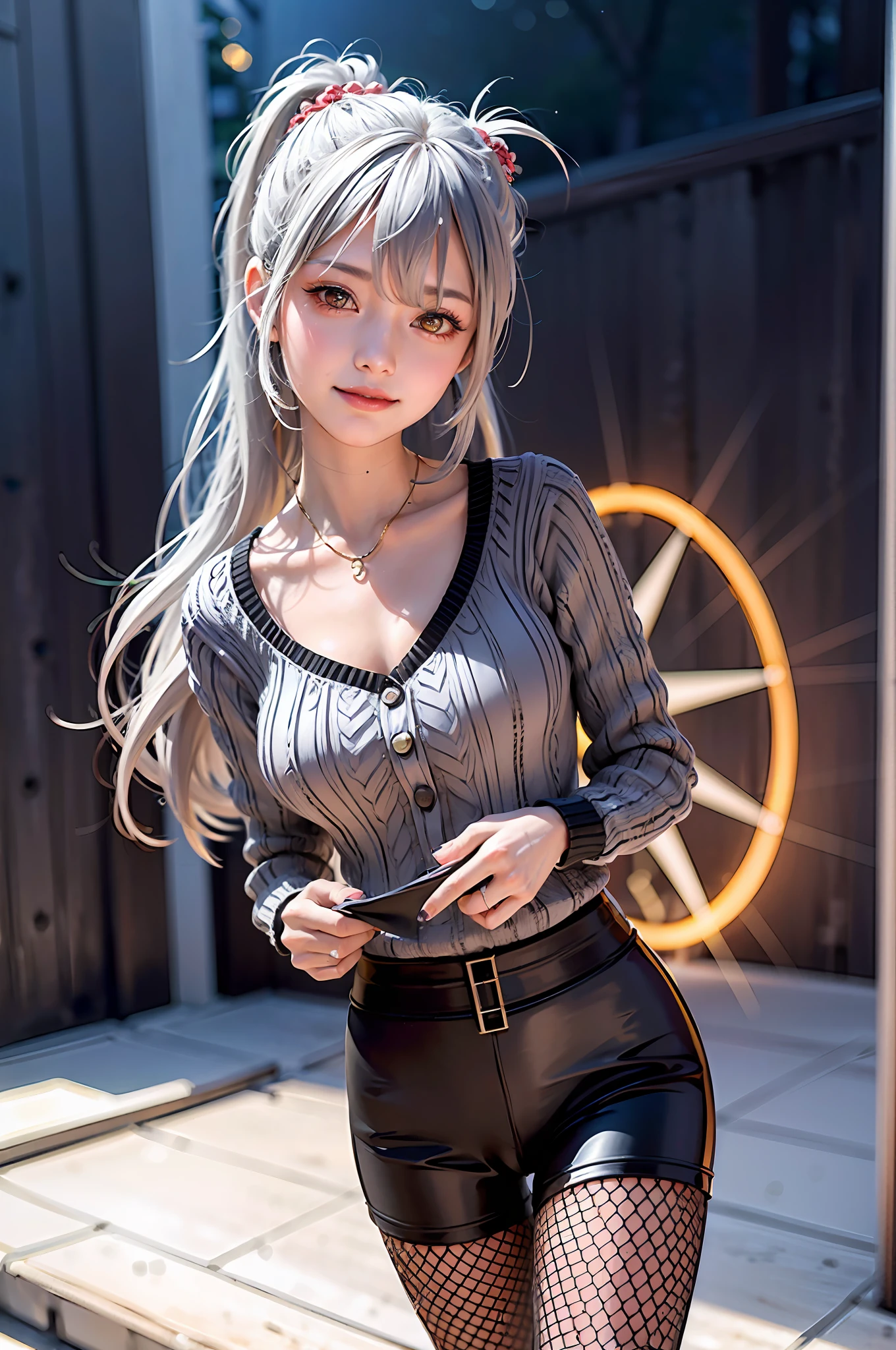 1girl,masterpiece,highest quality,futao (genshin impact),butao,ponytail,brunette,solo,symbol pupil,long hair, finger heart, bangs, black shorts,(highly detailed CG unity 8k wallpaper), (masterpiece), (top quality), (super detailed), (best illustration), (best shadow), (realistic:1.4), 1girl on street, Kpop idol, ((very oversized sweater, button sweater, open sweater), (gray hair:1.1), collarbone, (middle breast: 1.3), viewer, smile, whole body, (latex clothes, Latex tights, soft smile, smooth texture of clothes),