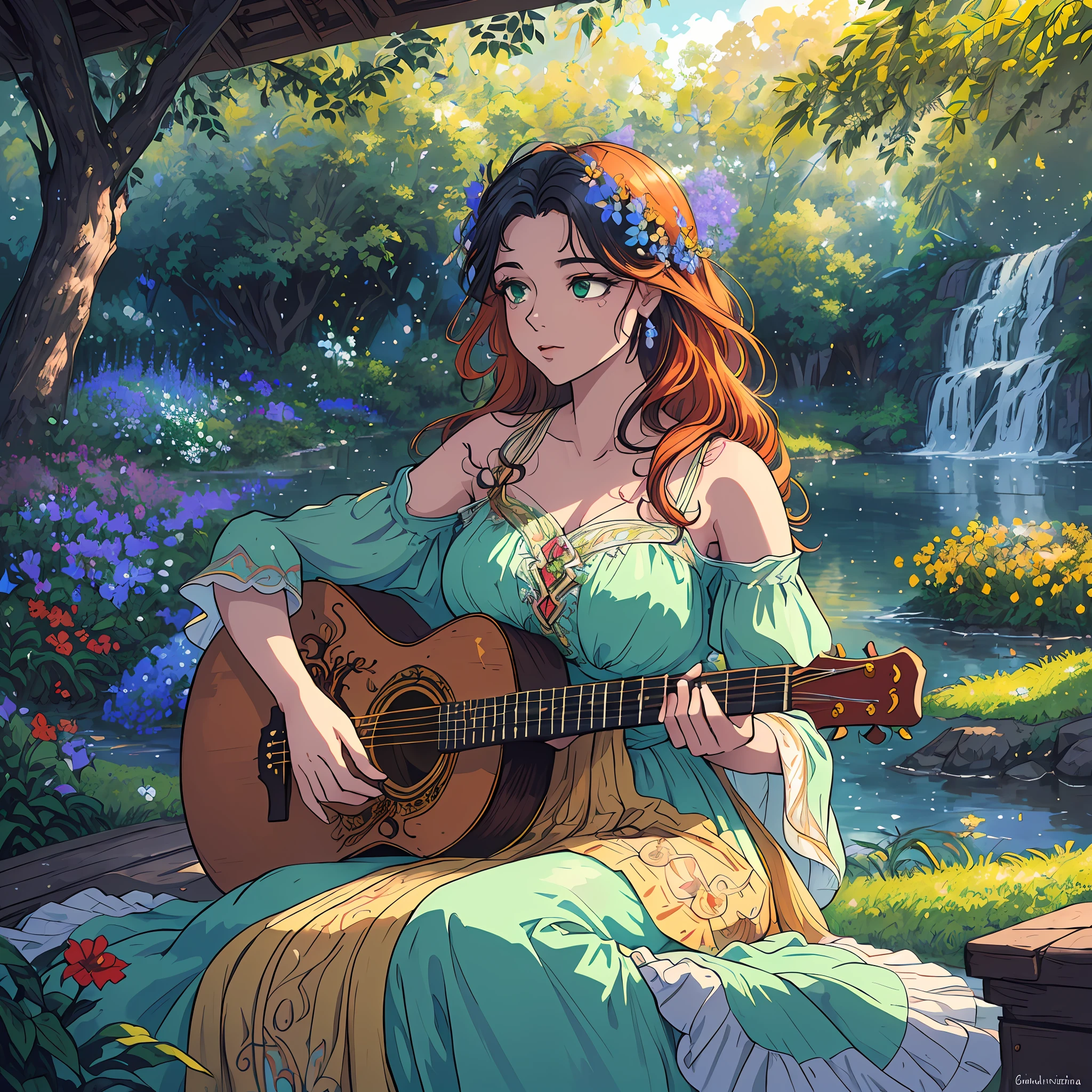 Uma bela ruiva jovem, with cascading waves of burning hair dancing in the sunlight, emoldurando seu rosto radiante. Her sparkling green eyes are full of passion and creativity, reflecting the love she has for music and the joy it brings her. Sitting gracefully on a rustic wooden bench in a sunlit garden, She cradles a classical guitar in her arms, the worn strings gently caressed by his nimble fingers. The guitar is adorned with intricate sculptures, a testament to his story and the countless melodies he helped create. His posture exudes confidence and grace, as she strums the guitar with a deft touch, produzindo uma melodia que se mistura perfeitamente com os sons da natureza ao seu redor. The air is filled with the harmonious notes, creating an enchanting symphony that wins the heart of the listener. She is dressed in a bohemian-inspired outfit, a flowing floral dress that rocks with every movement, e delicadas joias de prata que brilham sob a luz do sol. Some wildflowers are tucked into your hair, adding a touch of natural charm to your appearance. The surrounding garden is a lush, vibrant oasis, with colorful flowers and lush green foliage creating a picturesque backdrop for this musical moment. O suave farfalhar das folhas na brisa suave complementa a melodia, Adding to the magical ambience of the scene. Enquanto ela joga, seus olhos se fecham momentaneamente, Perdido na melodia, como se ela fosse transportada para outro mundo, where music is the language of the soul. His love for the guitar and the emotions he pours into his music are palpable, evoking a sense of wonder and wonder in those who have the privilege of witnessing this enchanting sight. Artwork, Mixed media, Combining traditional pencil sketches with digital coloring