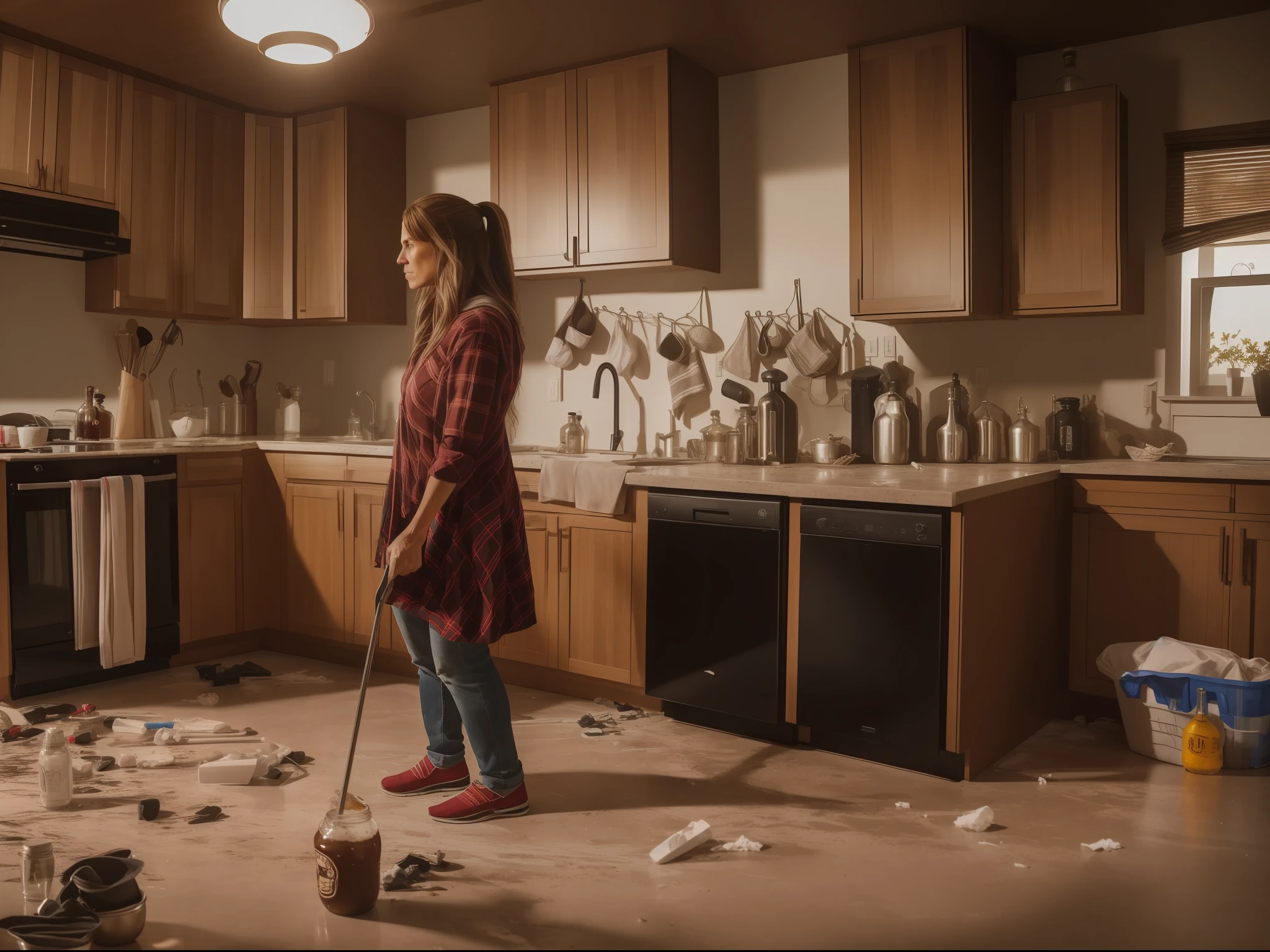 american woman, 35 years, ocidental, (looking angry looking at the messy house), ((usando uma luva de borracha para limpeza)), realistica, 8k, obra prima, ambiente claro, fotorealista, ambiente grande,