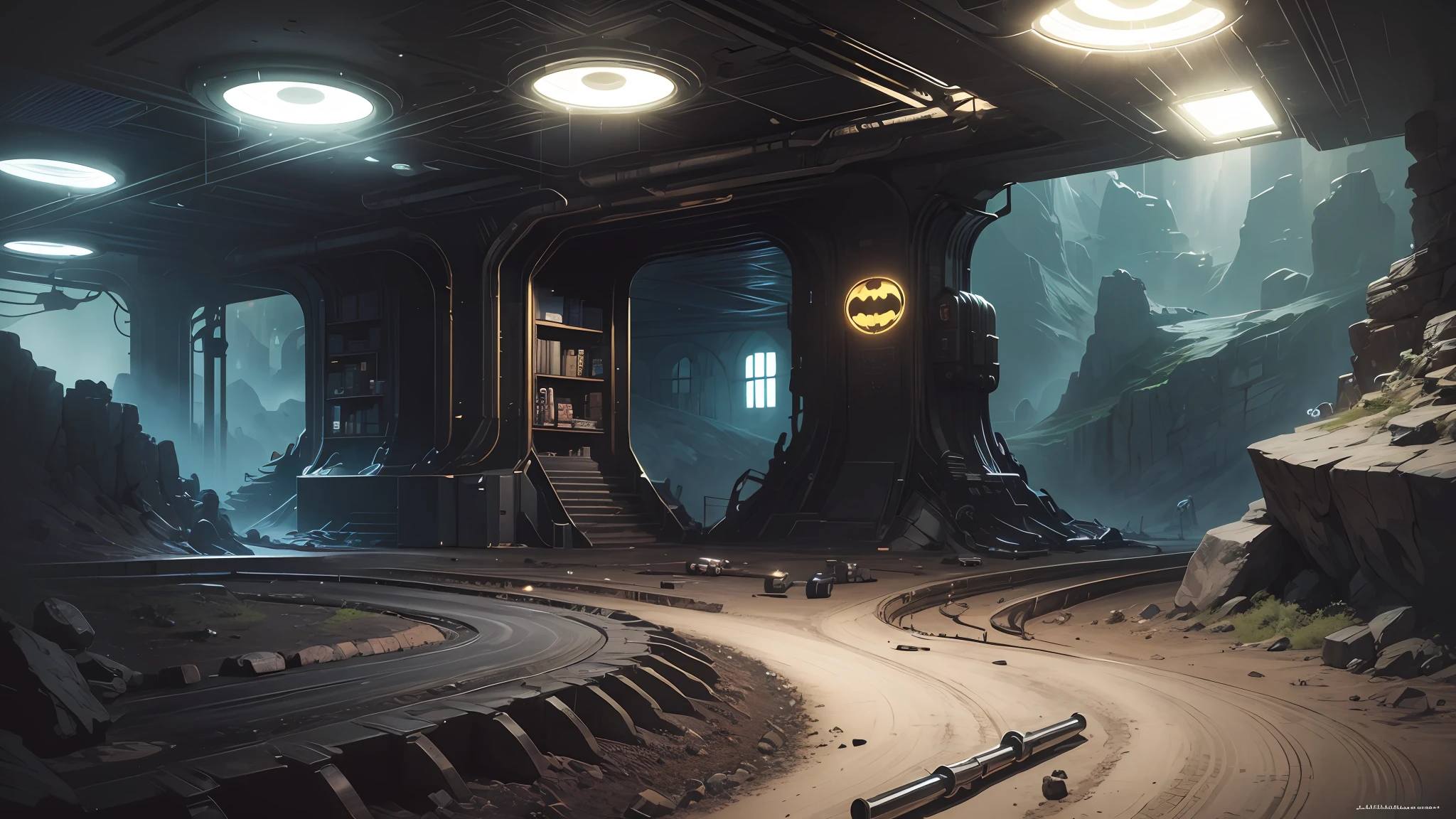 Batman's cave, a dark and technological underground sanctuary, futuristic equipment and vehicles laid out in impeccable order, dim lights enhancing the metallic contours, an aura of preparation and mystery in the air, Digital art, detailed illustration, --auto --s2