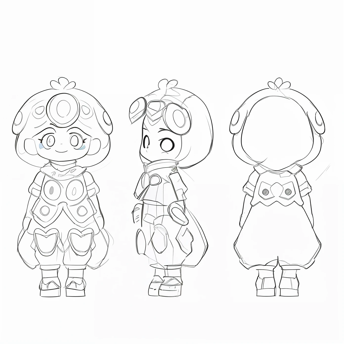 Line drawing of cartoon characters in three different costumes, clear outfit design, new costume concept design, full body concept, Full body character design, full body character concept, detailed full-body concept, character concept design, character design concept, ( ( concept art of character ) ), Stylized character design, Character design sketch, hori + concept-art, Game character design, concept character