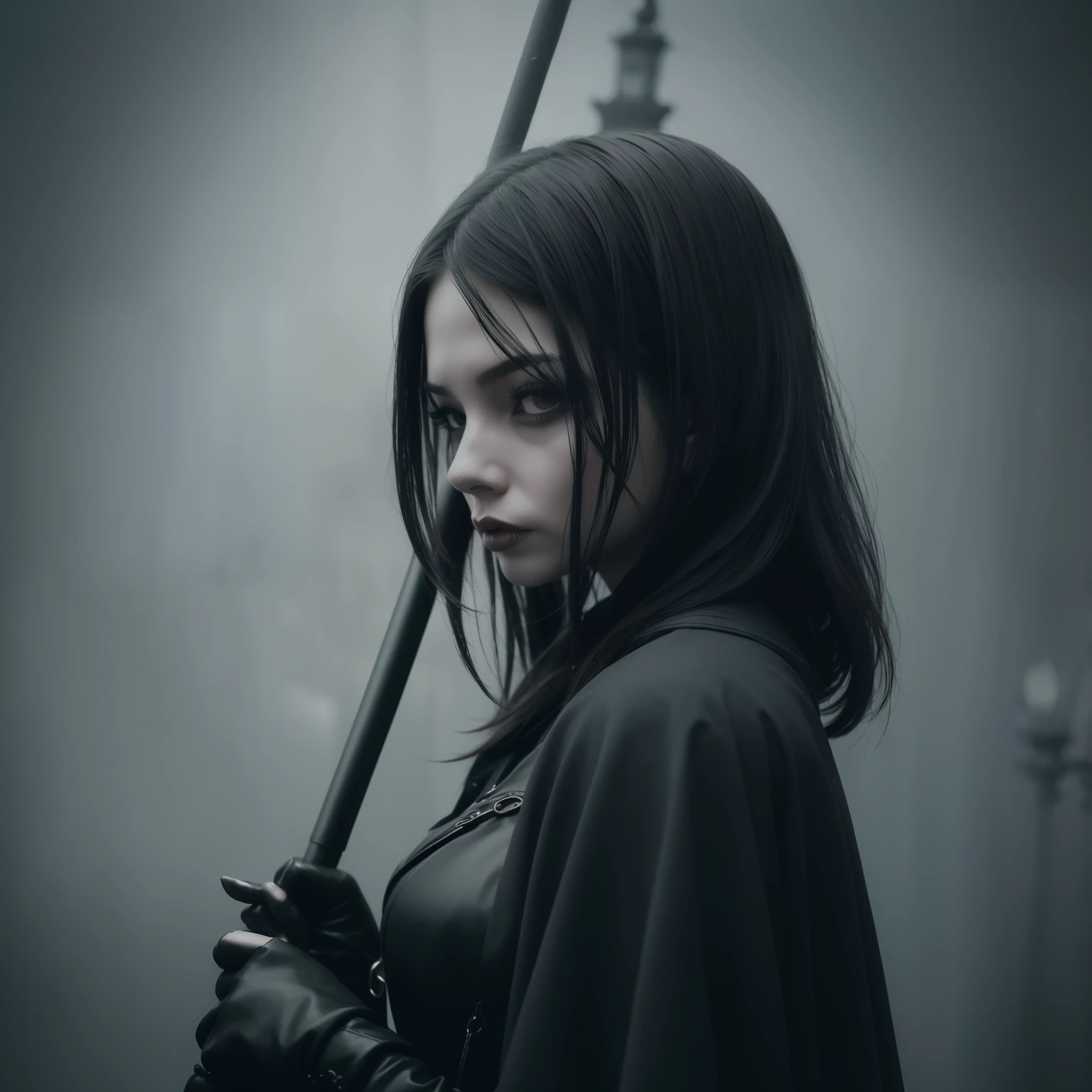 a close up of a person holding a pole in the rain, darkwave goth aesthetic, silent hill aesthetic, ominous gothic aesthetic, gothic horror vibes, gothic fog ambience, eerie spiritual grainy, gothic city streets behind her, classical witch, dark witch, gothic aesthetic, the witch queen, atmosphere of silent hill, witch, beautiful with eerie vibes, occult aesthetic
