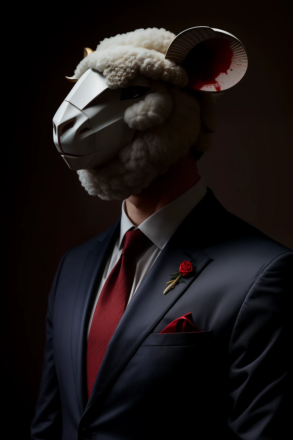 One wears a sheep's head mask、A man in a suit covered in blood。